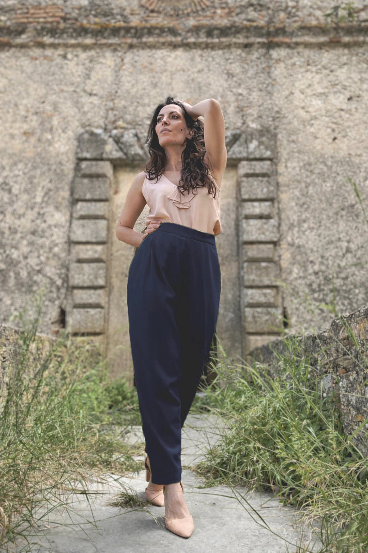 Pantalone Ada cotone deadstock abbigliamento sartoriale etico brand malia lab blu