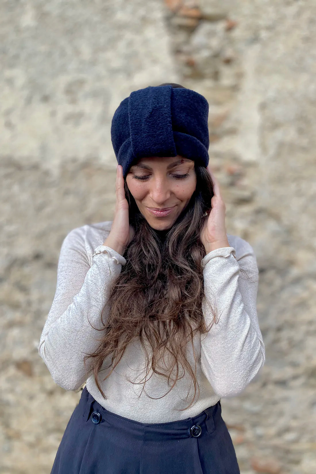 Scaldacollo AMIA fascia lana cotta deadstock cotone biologico accessori abbigliamento donna sostenibile malia lab dettaglio frontale