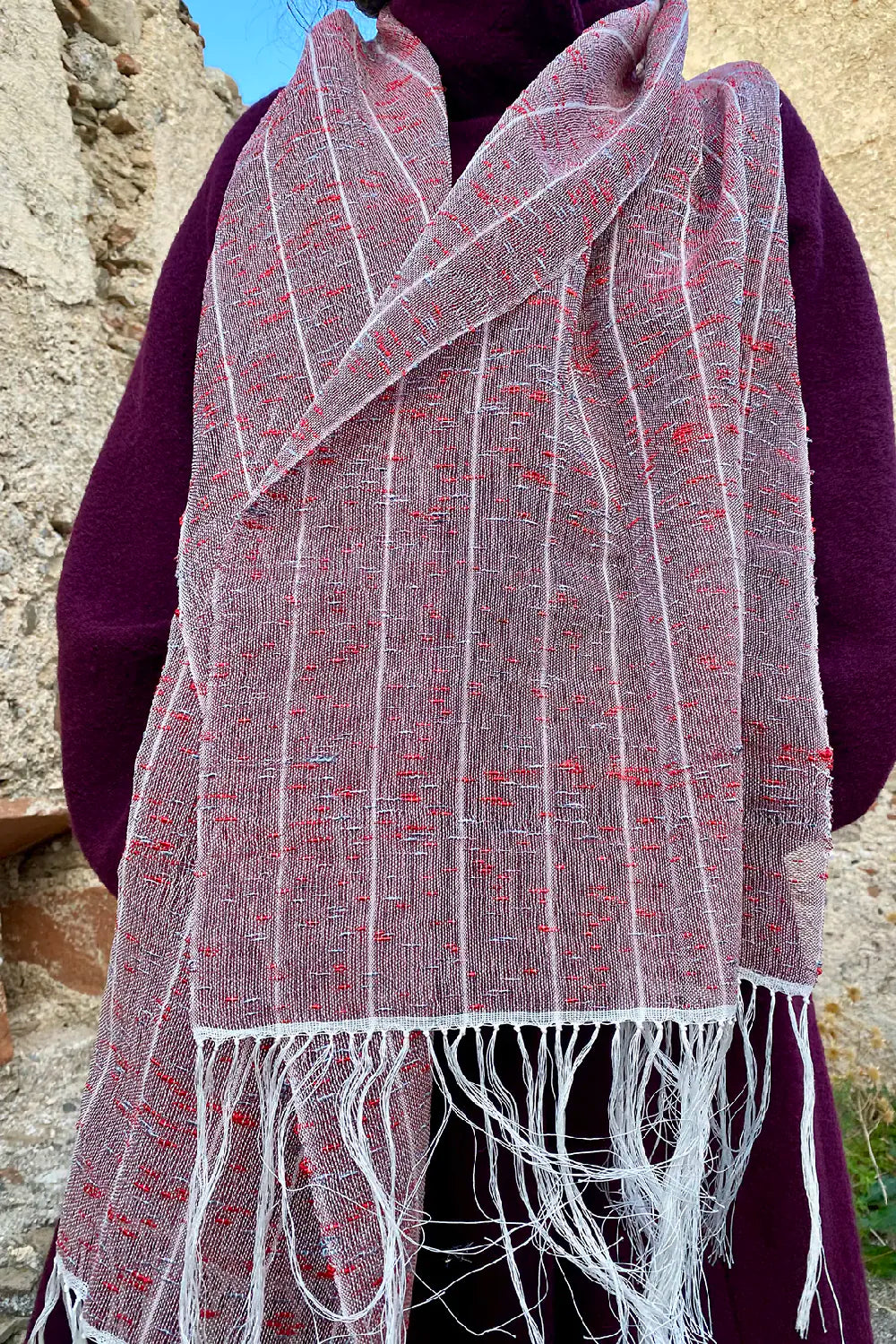 Sciarpa MOSQUITO light multicolore telaio tradizionale accessori artigianali sostenibili malia lab dettaglio rosso