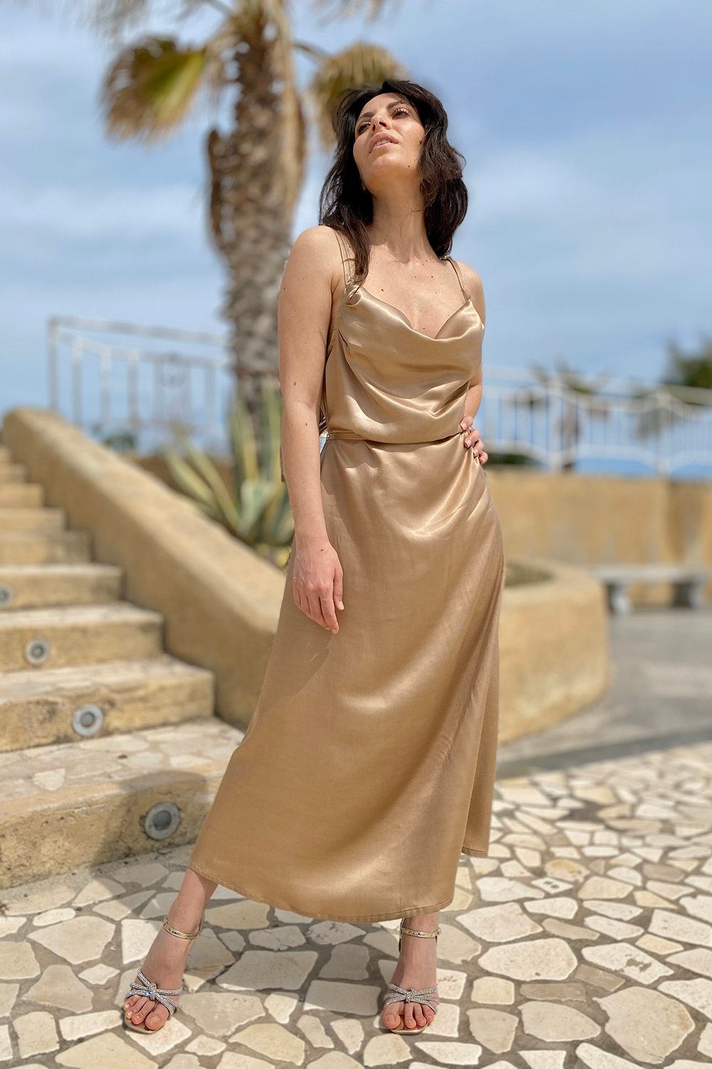 Slipdress Anita cerimonia cupro lyocell abbigliamento sostenibile vestiti ecosostenibili donna brand malia lab cinta legata