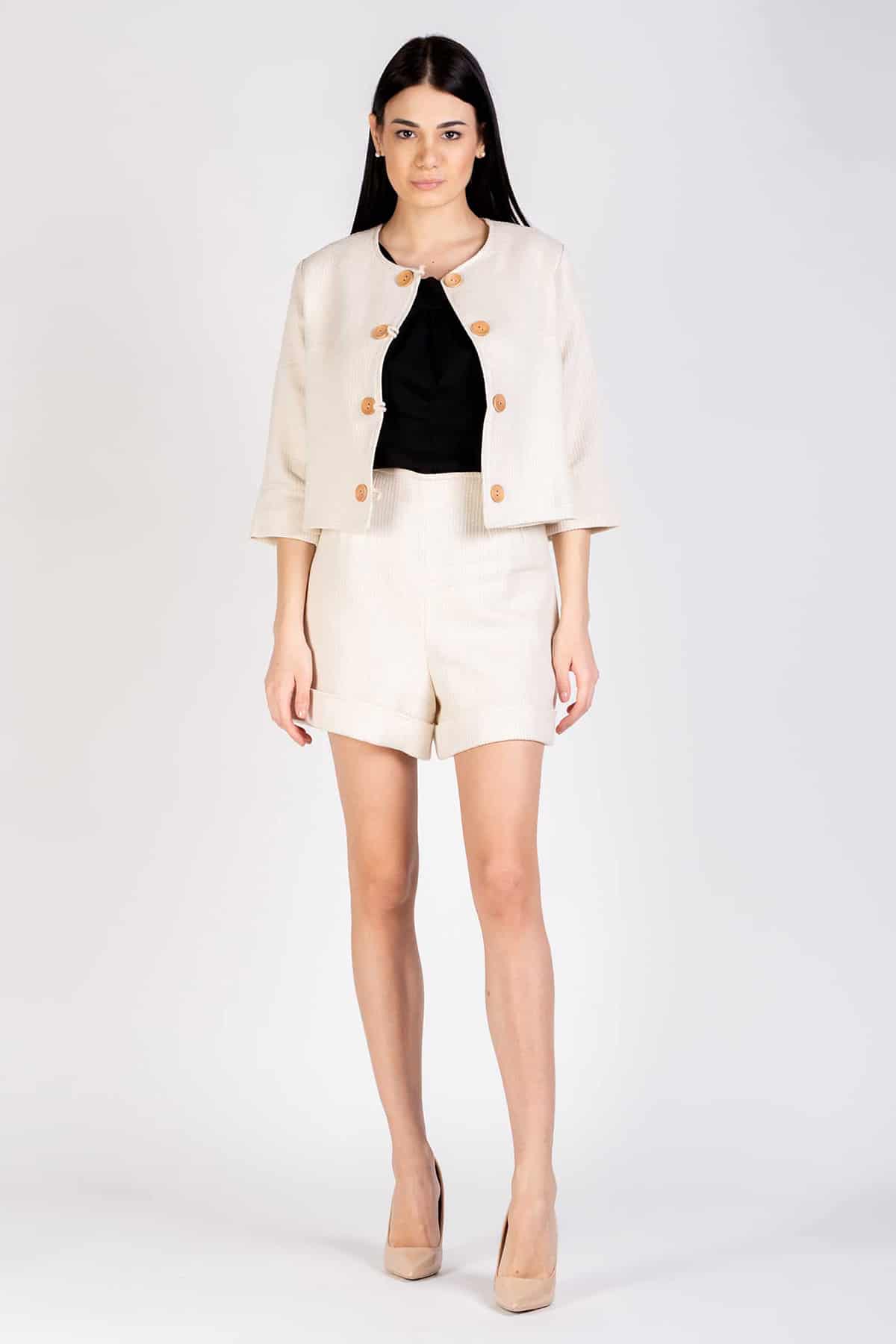 Bolero Doris lana biologica cotone biologico brand malia lab moda sostenibile abbigliamento sostenibile artigianale 4 stagioni giacca sartoriale