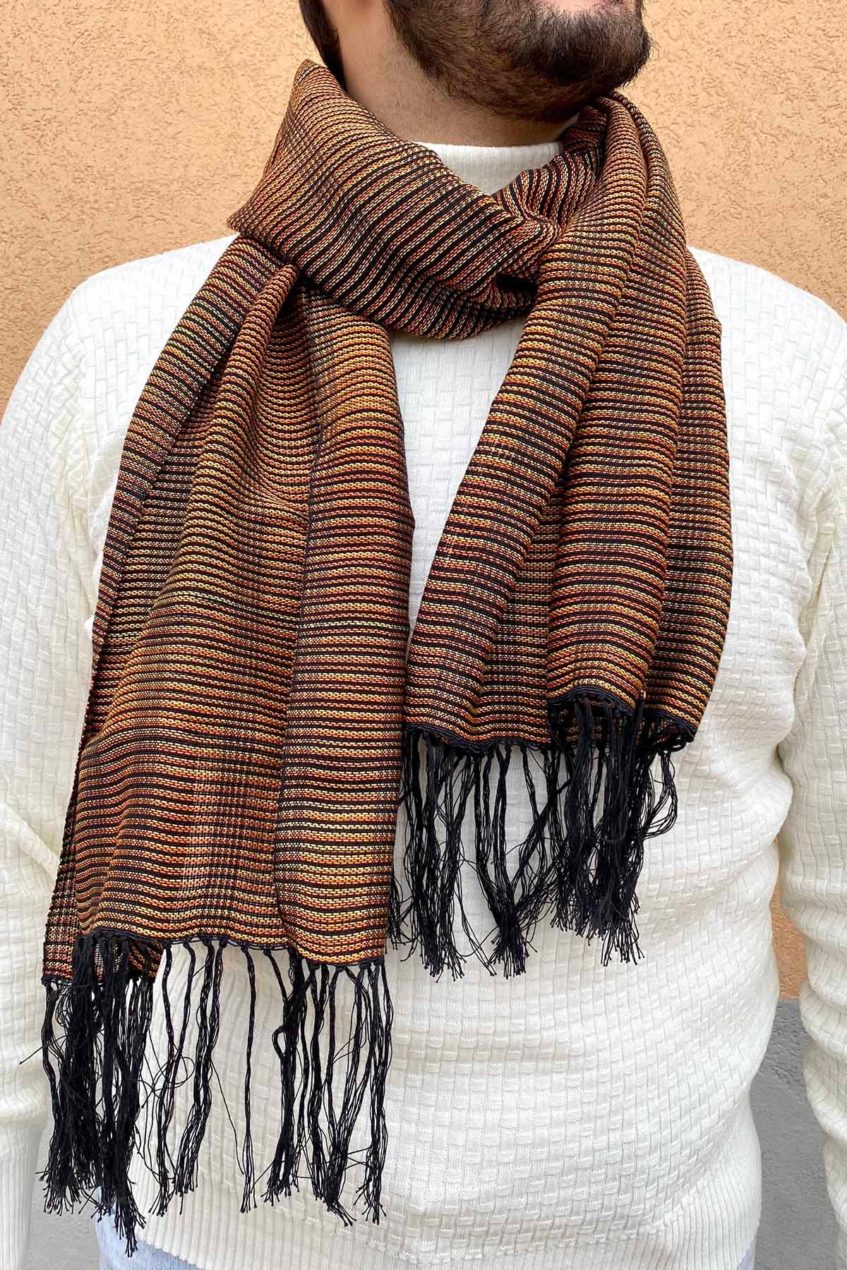 Sciarpa ANDREA unisex realizzata a telaio manuale calabrese Malìa Lab Atelier di moda biologica artigianale etica Accessori Cotone color ruggine e arancione