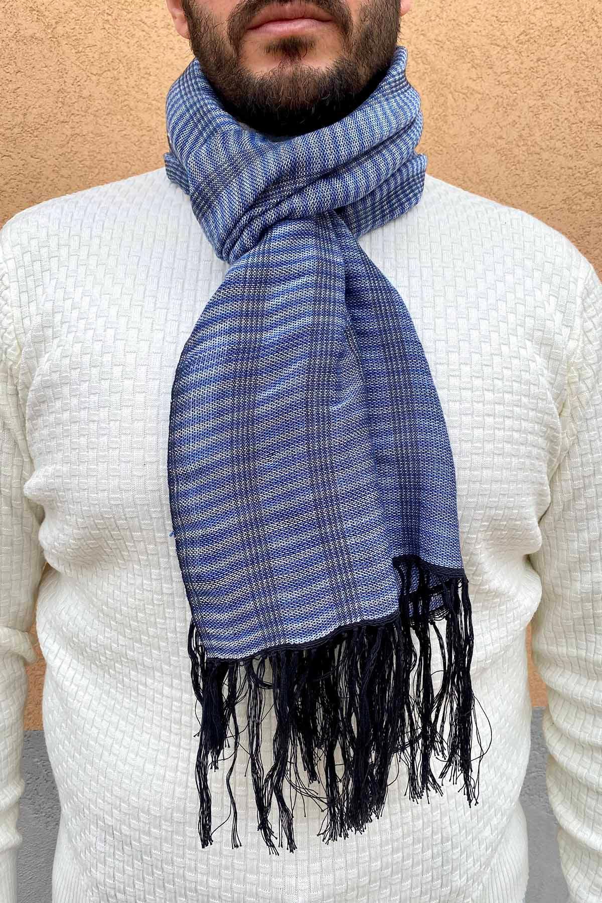 Sciarpa ANDREA unisex realizzata a telaio manuale calabrese Malìa Lab Atelier di moda biologica artigianale etica Accessori Cotone colore blu e nero