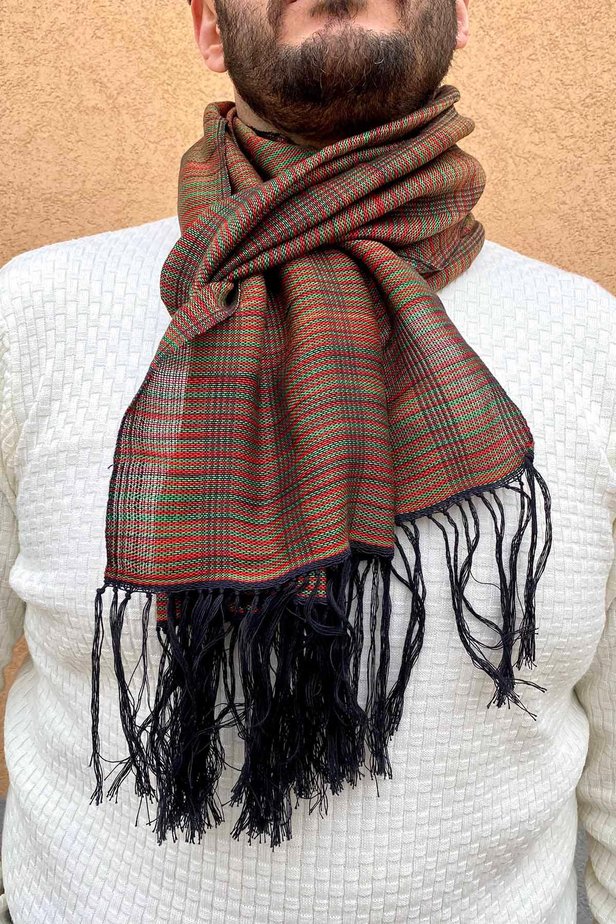 Sciarpa ANDREA unisex realizzata a telaio manuale calabrese Malìa Lab Atelier di moda biologica artigianale etica Accessori Cotone color ruggine e arancione