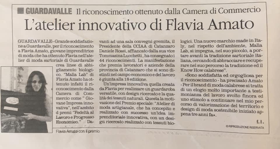 Articolo Quotidiano del SUD - Malìa Lab Atelier di moda biologica artigianale etica - Articoli, Interviste - Flavia Amato - 