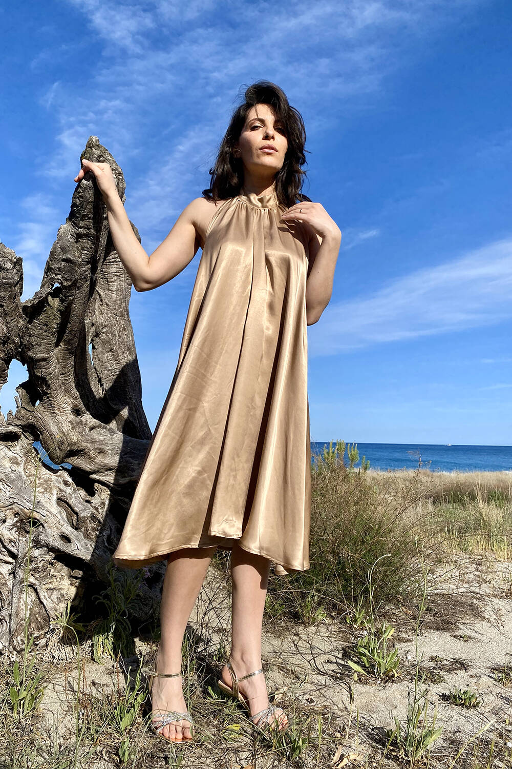 Abito Emily cerimonia cupro lyocell seacell abbigliamento sostenibile vestiti ecosostenibili donna brand malia lab dettaglio frontale