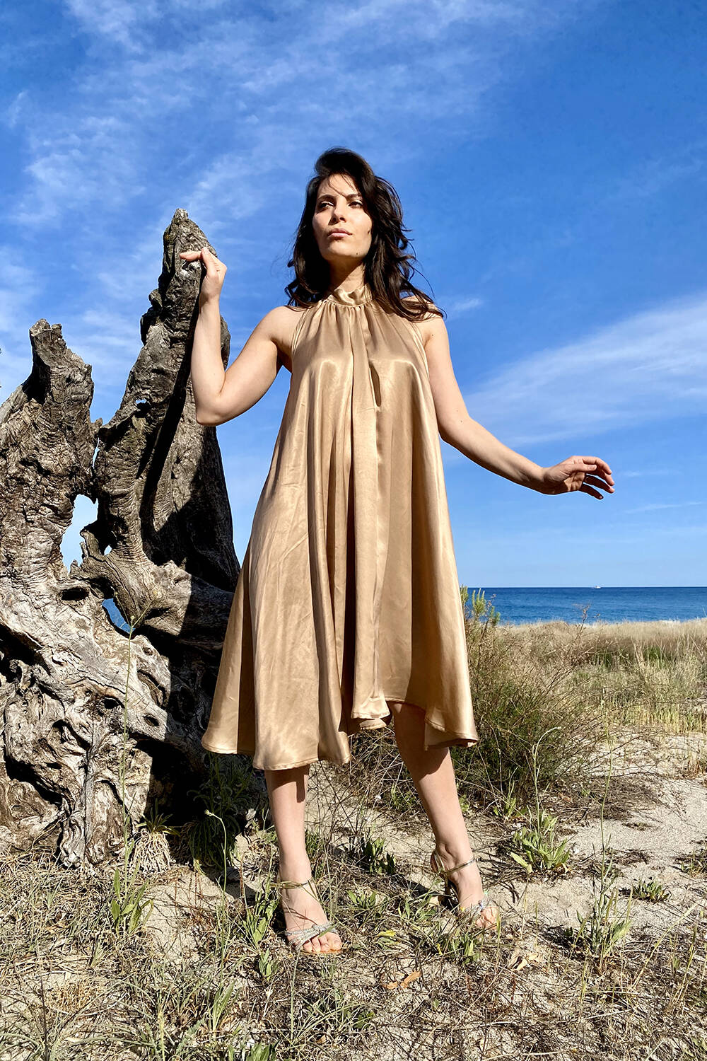 Abito Emily cerimonia cupro lyocell seacell brand malia lab abbigliamento sostenibile vestiti ecosostenibili donna