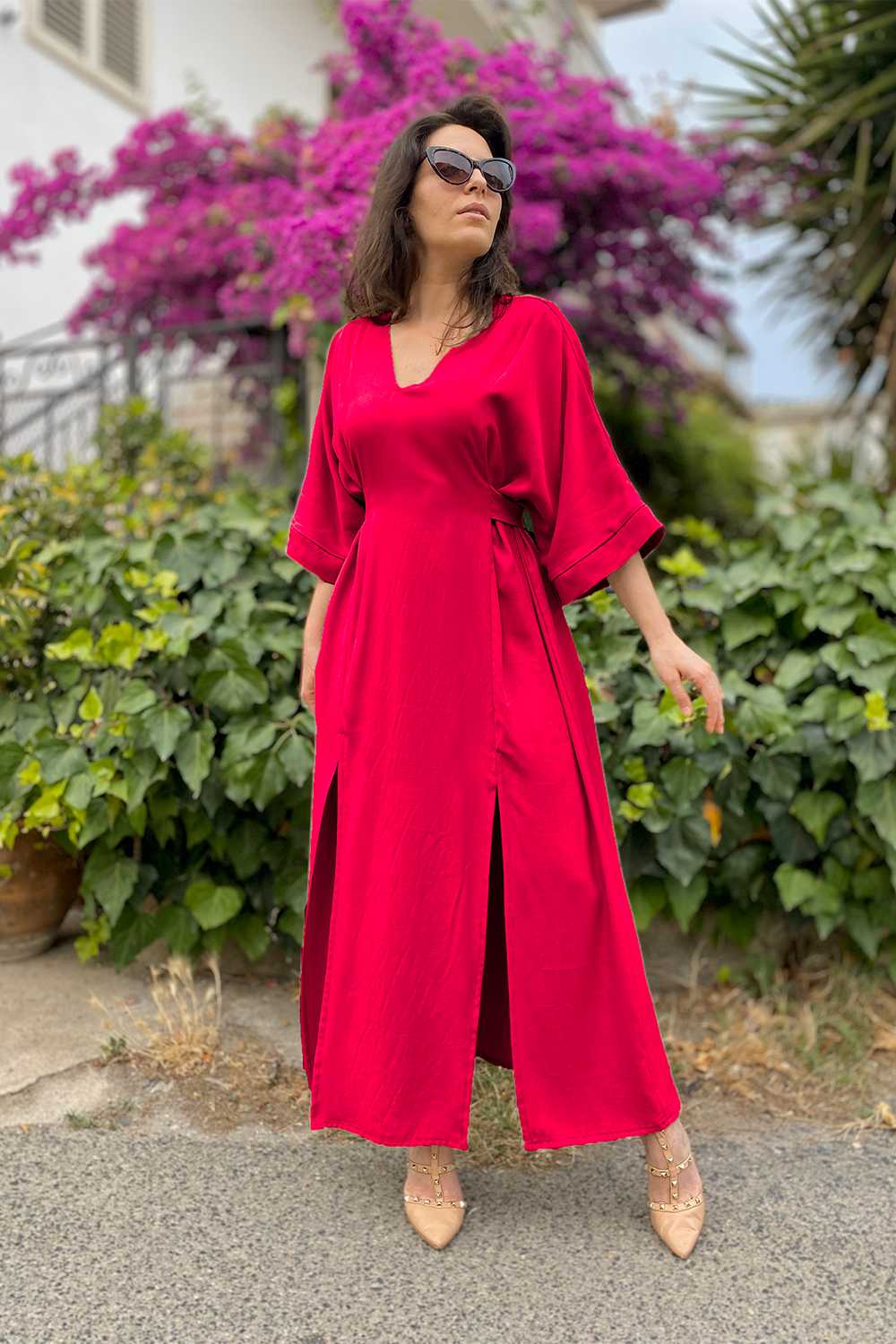 Abito Kimiko incrociato tencel lyocell vestiti sostenibili donna abbigliamento ecosostenibile brand malia lab abito sartoriale liscio lampone