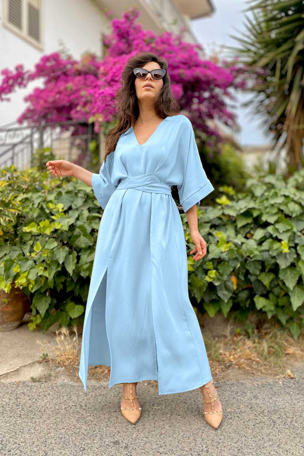Abito Kimiko tencel lyocell abbigliamento sostenibile vestiti ecosostenibili donna brand malia lab gonna sartoriale celeste