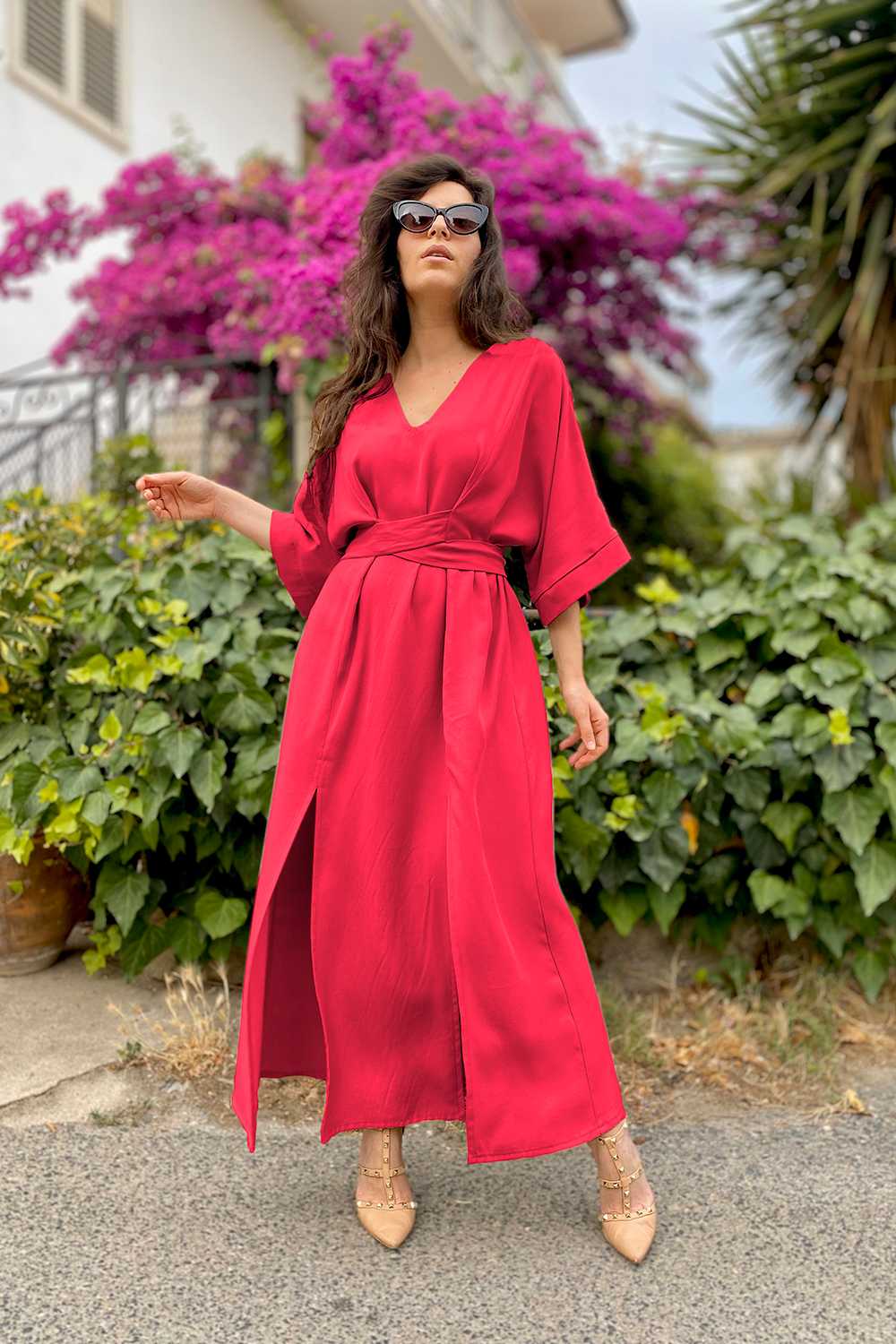 Abito Kimiko tencel lyocell abbigliamento sostenibile vestiti ecosostenibili donna brand malia lab gonna sartoriale lampone