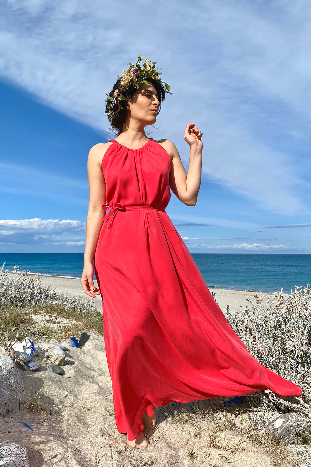Abito Patrizia cerimonia tencel lyocell abbigliamento sostenibile vestiti ecosostenibili donna brand malia lab moda etica sartoriale dettaglio frontale