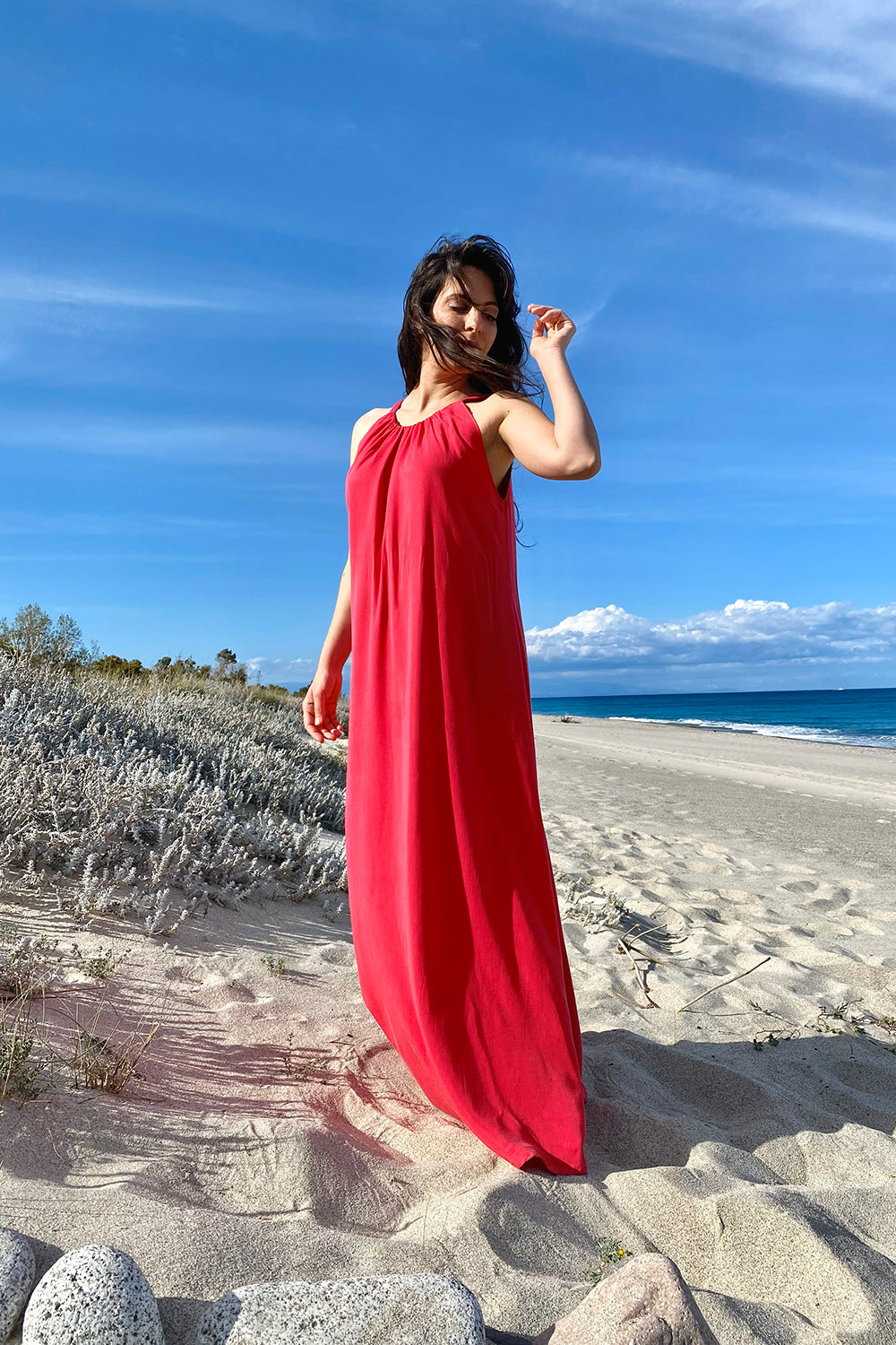 Abito Patrizia cerimonia tencel lyocell abbigliamento sostenibile vestiti ecosostenibili donna brand malia lab moda etica sartoriale dettaglio laterale