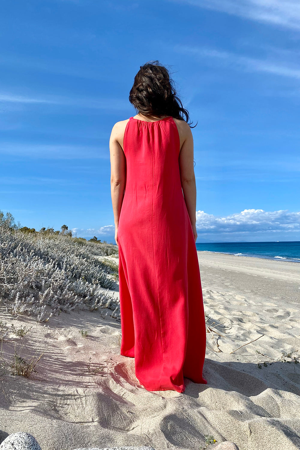 Abito Patrizia cerimonia tencel lyocell abbigliamento sostenibile vestiti ecosostenibili donna brand malia lab moda etica sartoriale dettaglio posteriore