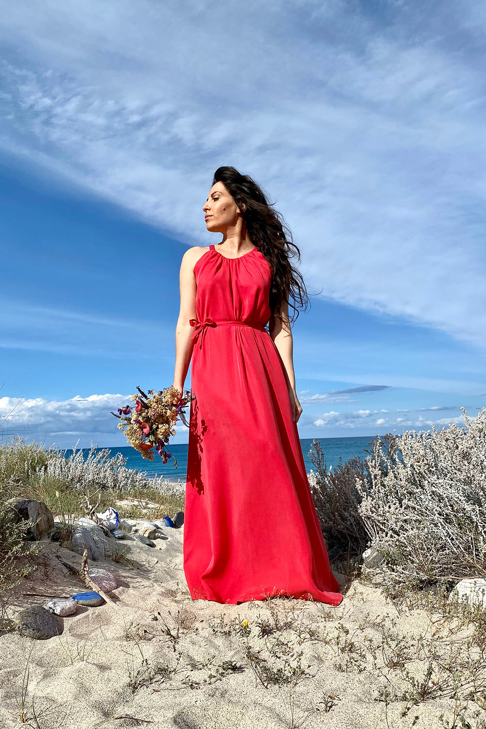 Abito Patrizia cerimonia tencel lyocell abbigliamento sostenibile vestiti ecosostenibili donna brand malia lab moda etica sartoriale lungo ampio