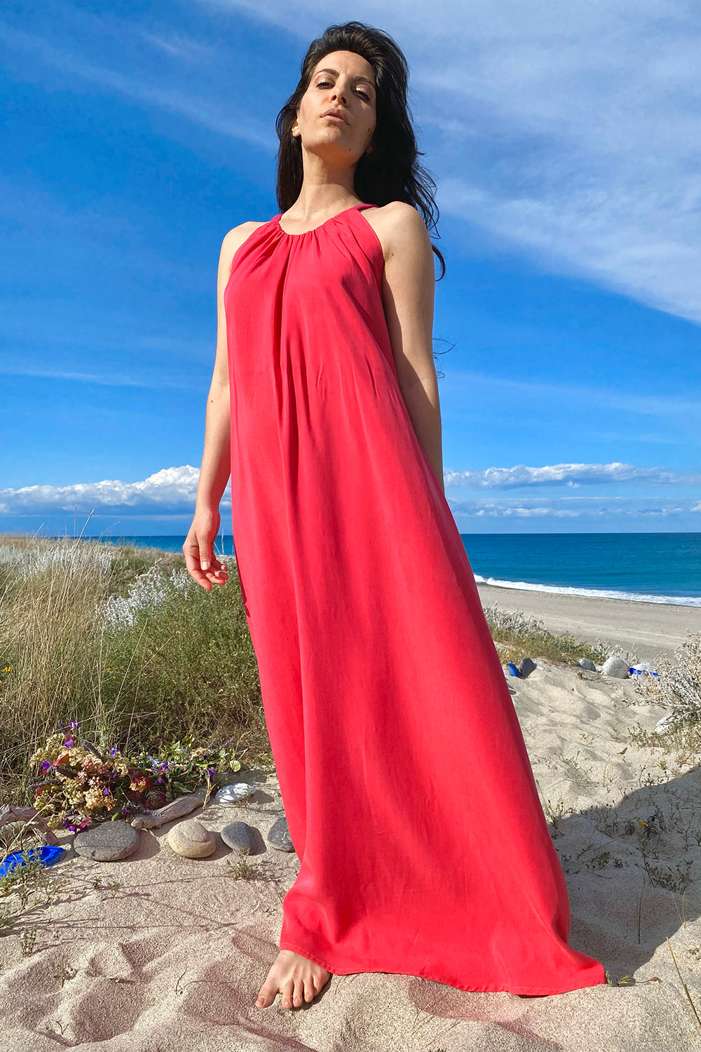 Abito Patrizia cerimonia tencel lyocell abbigliamento sostenibile vestiti ecosostenibili donna brand malia lab moda etica sartoriale senza cintura dettaglio