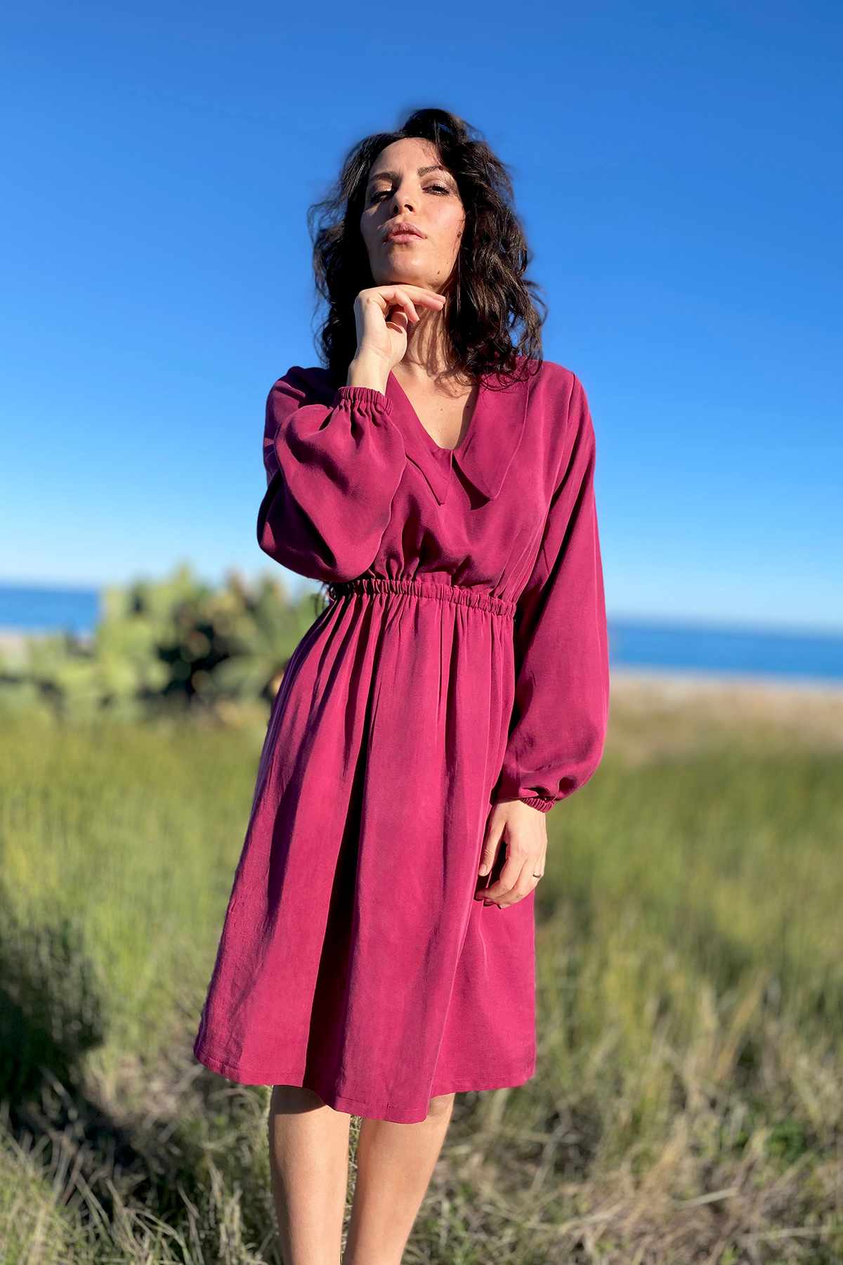 Abito camicia VIVIAN chemisier tencel lyocell abbigliamento sartoriale moda responsabile brand malia lab polsino arricciato
