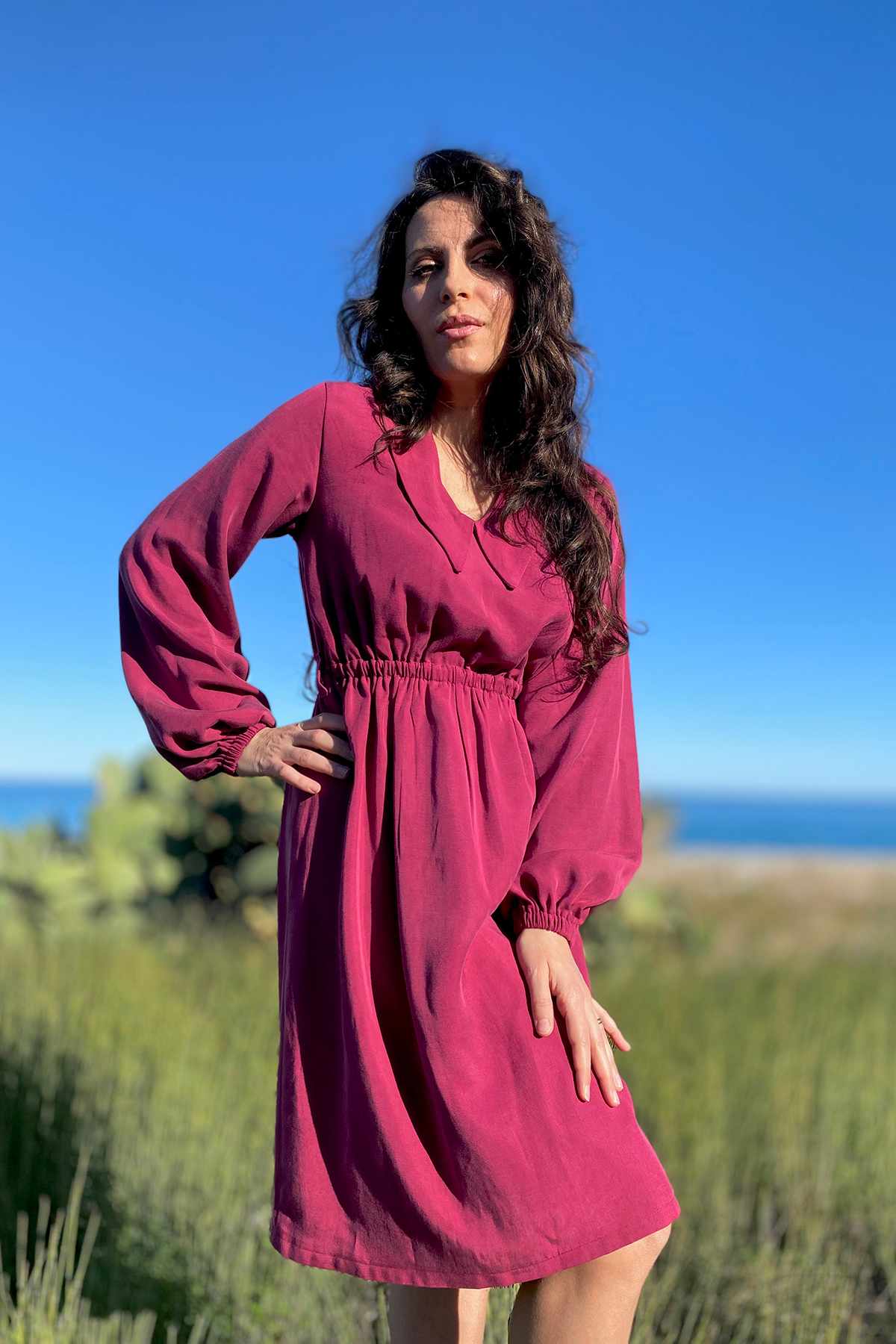 Abito camicia VIVIAN chemisier tencel lyocell abbigliamento sartoriale moda responsabile brand malia lab scollo a v
