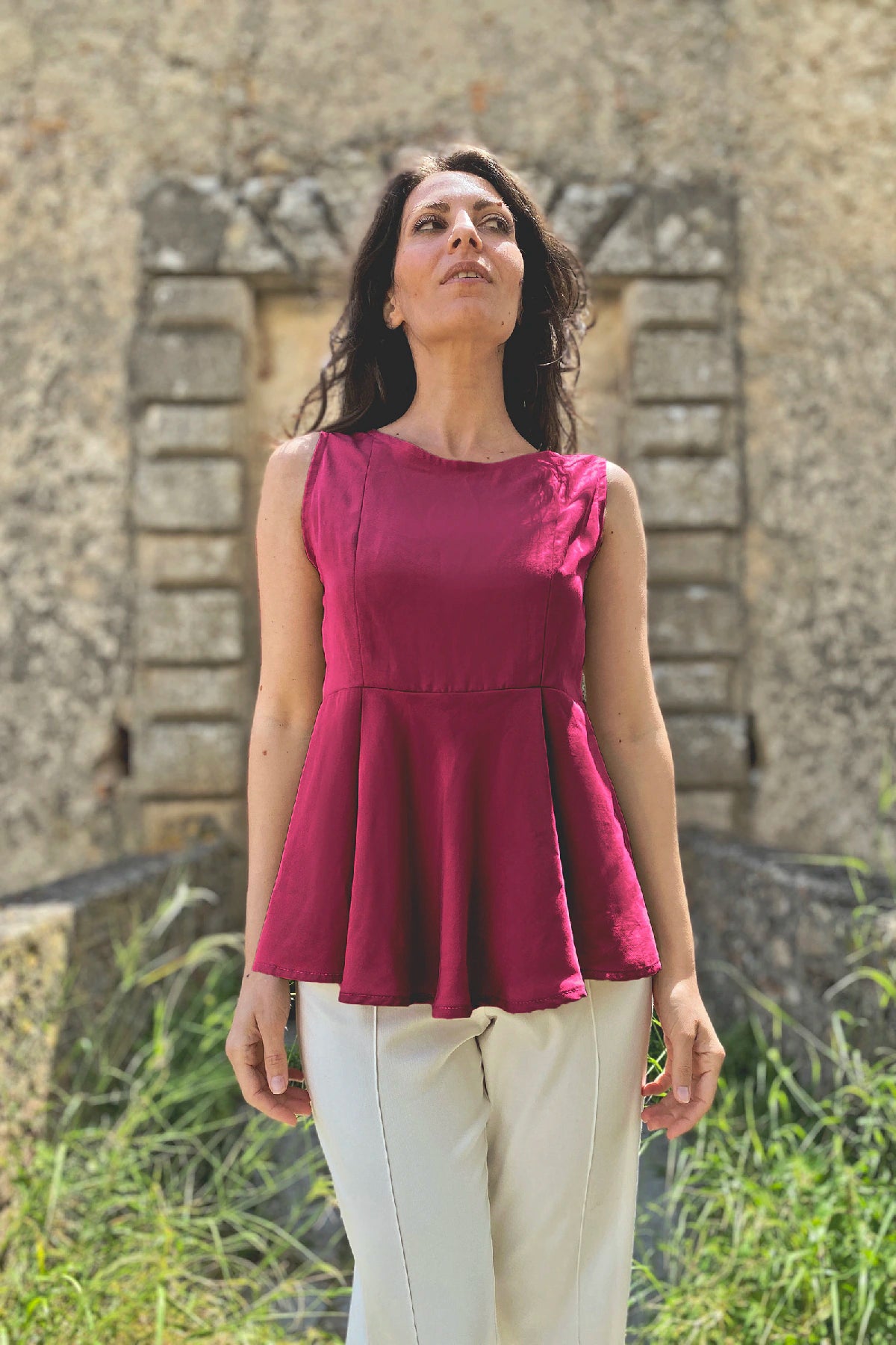 Blusa Irma ruota tencel lyocell abbigliamento sartoriale etico sostenibile brand malia lab dettaglio borgogna
