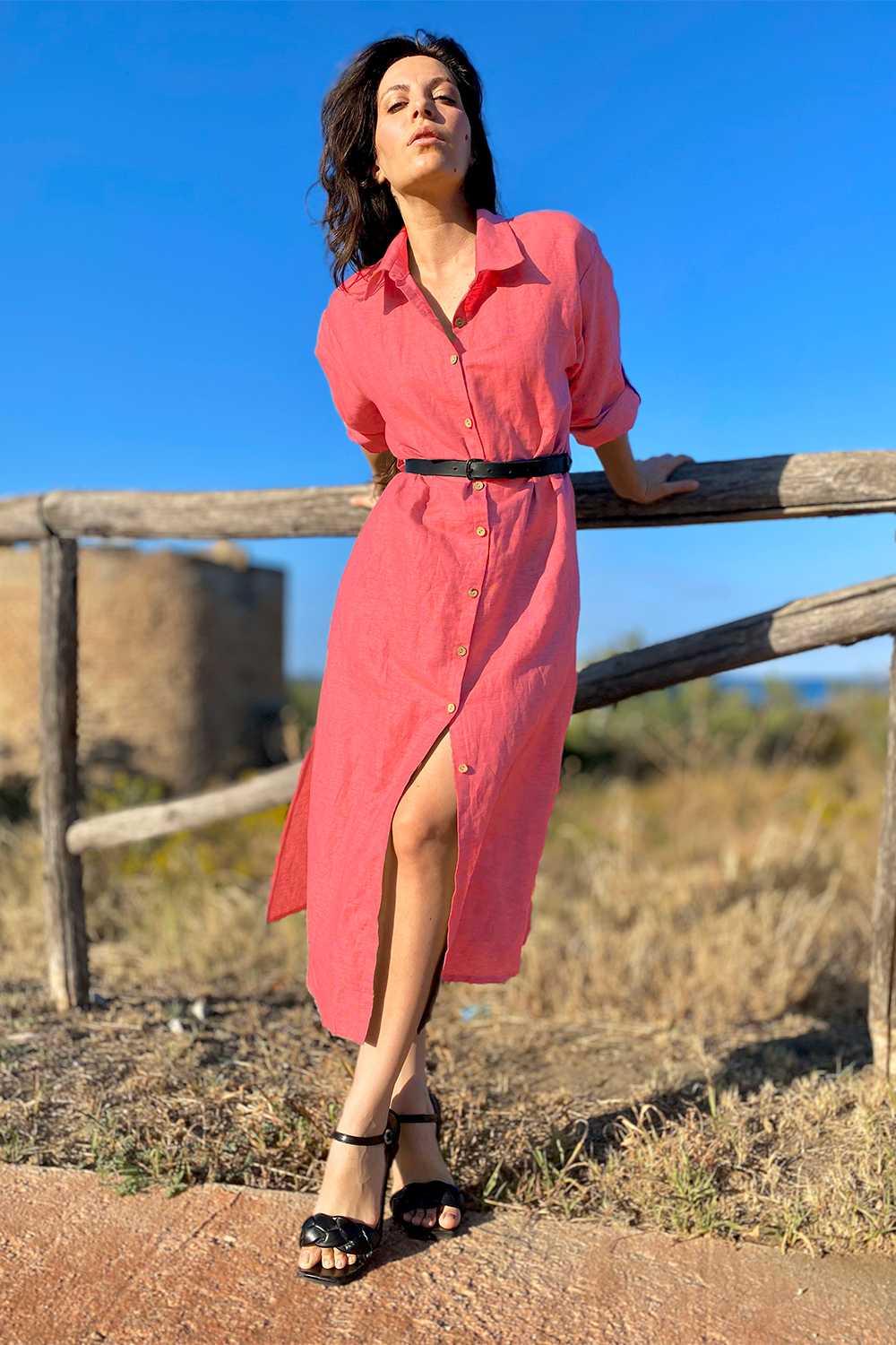 Camicione chemisier lino biologico cotone brand malia lab abbigliamento sostenibile donna moda etica ciclamino