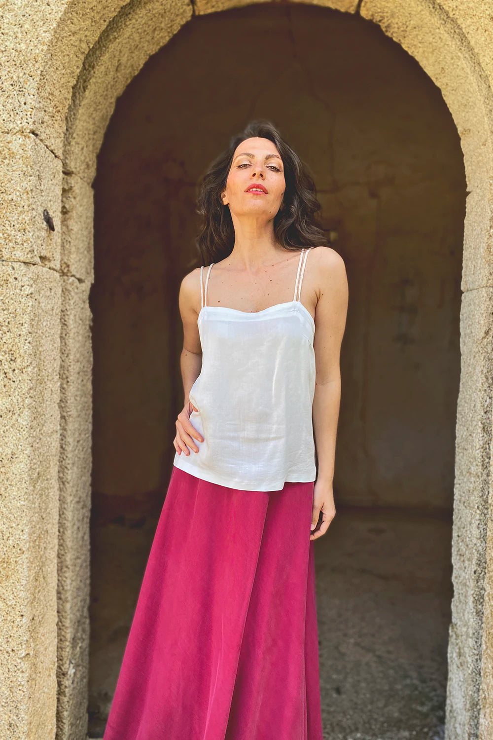 Canottiera Perla lyocell seacell abbigliamento sostenibile artigianale brand etico malia lab dettaglio frontale
