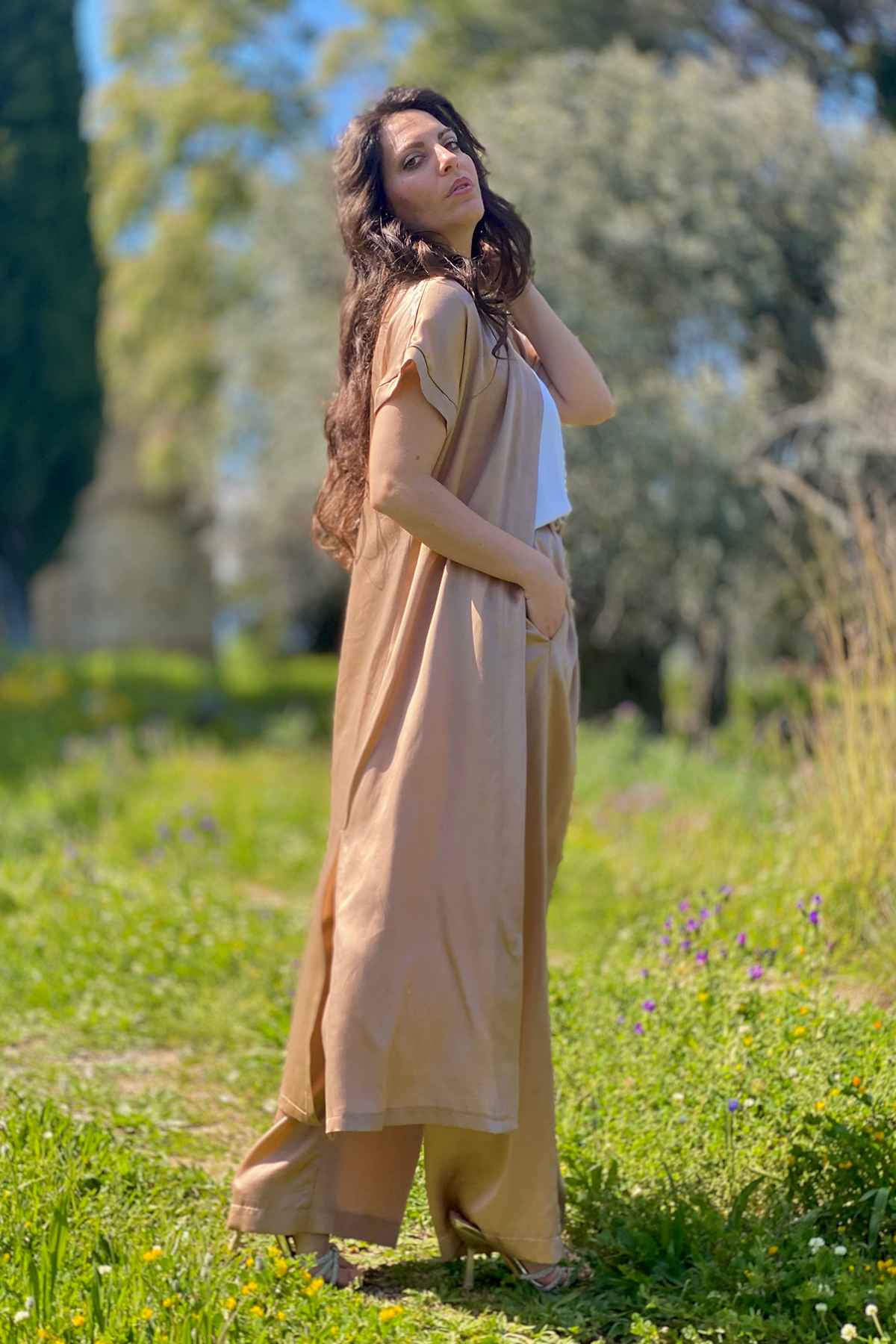 Cardigan kimono Petra cupro seacell lyocell brand malia lab abbigliamento sartoriale etico laterale
