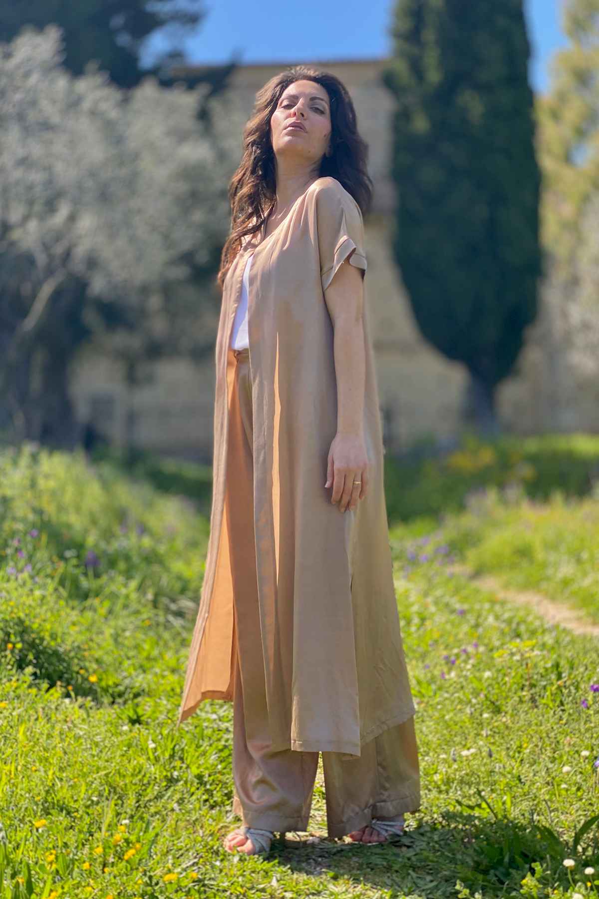 Cardigan kimono Petra cupro seacell lyocell brand malia lab abbigliamento sartoriale etico vista laterale
