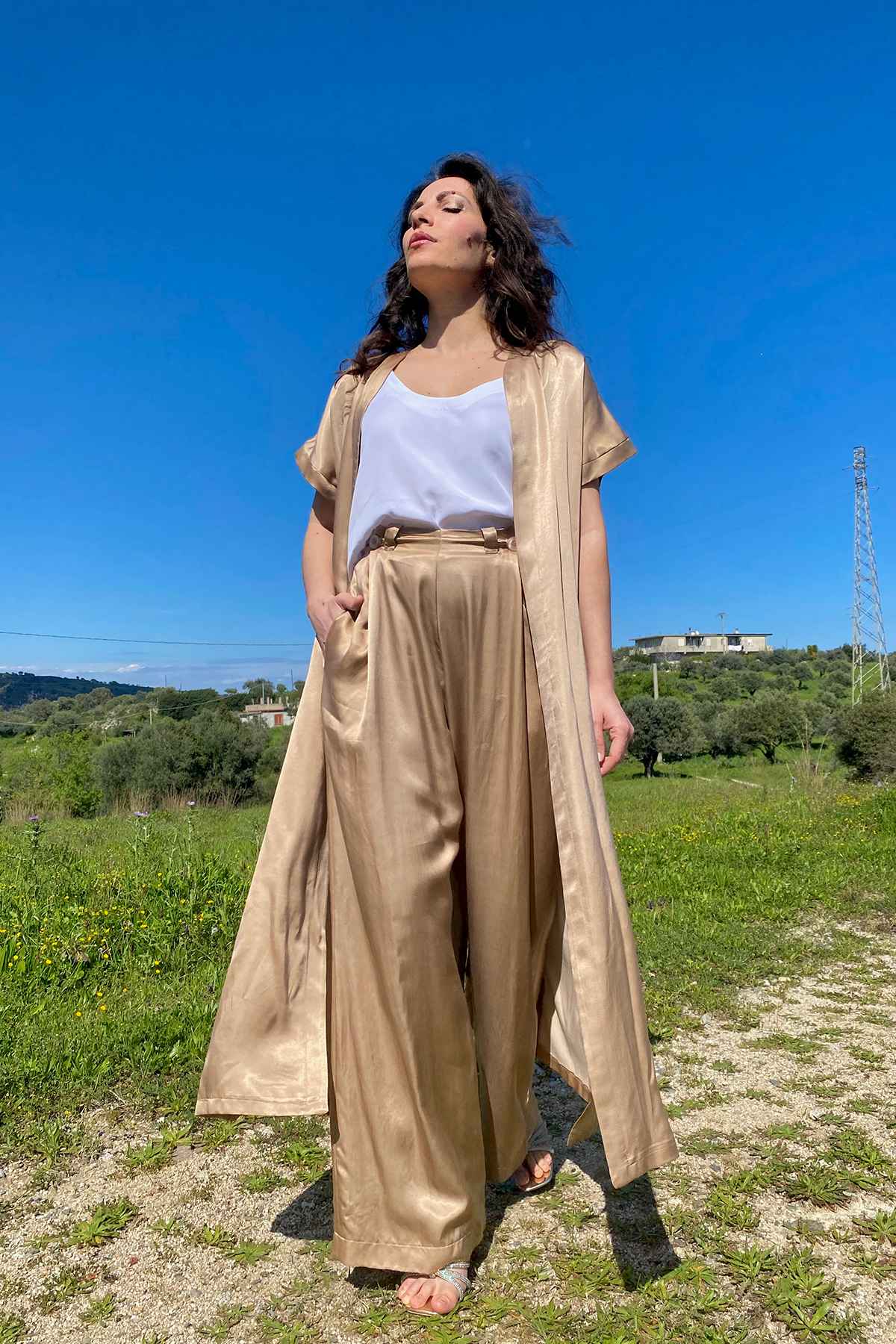 Cardigan kimono Petra cupro seacell lyocell brand malia lab abbigliamento sartoriale made in italy
