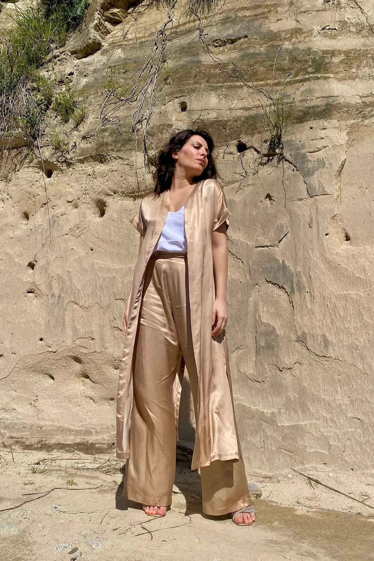Cardigan kimono Petra cupro seacell lyocell brand malia lab abbigliamento sartoriale sostenibile
