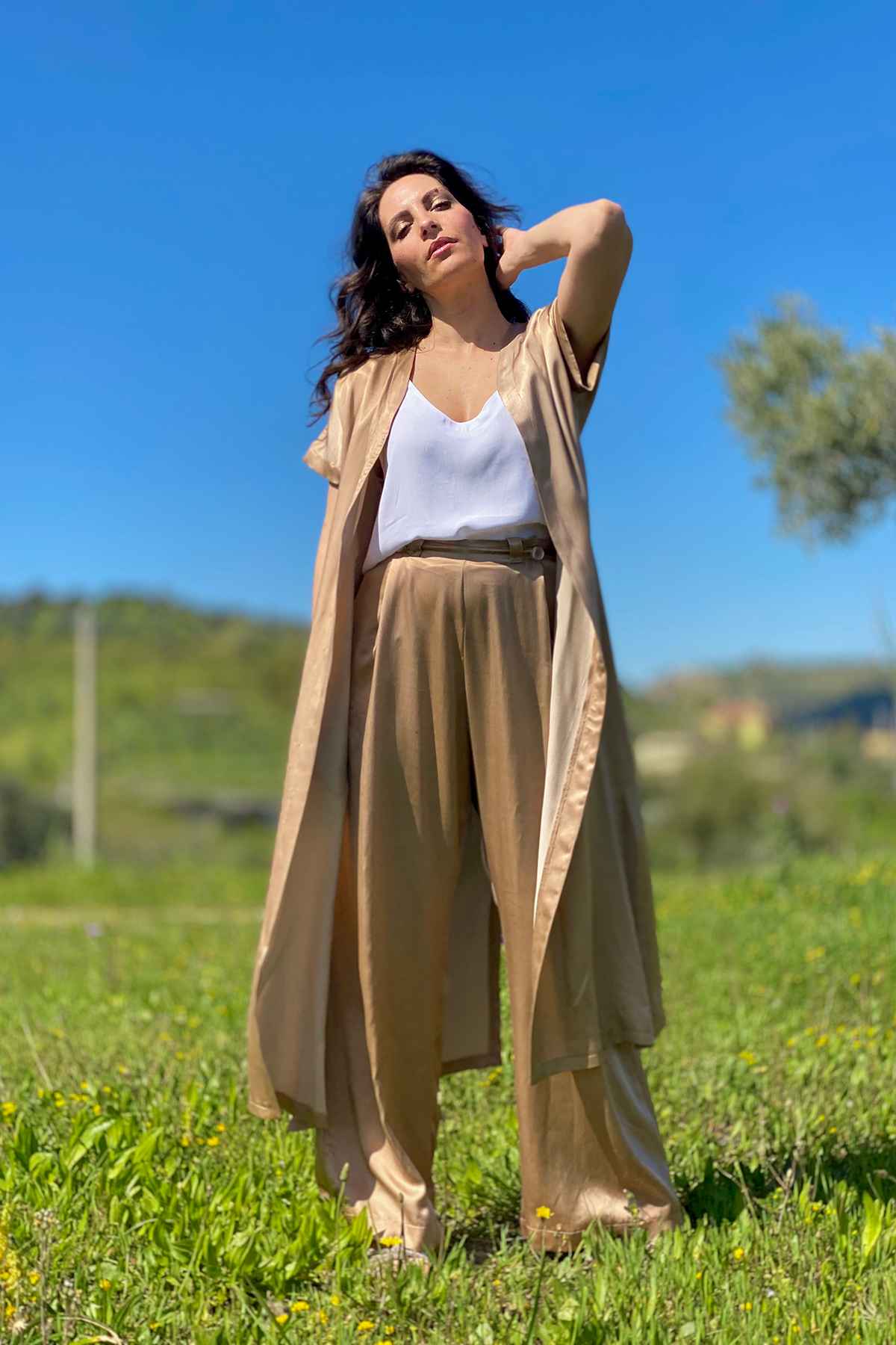Cardigan kimono Petra cupro seacell lyocell brand malia lab abbigliamento sartoriale vista frontale
