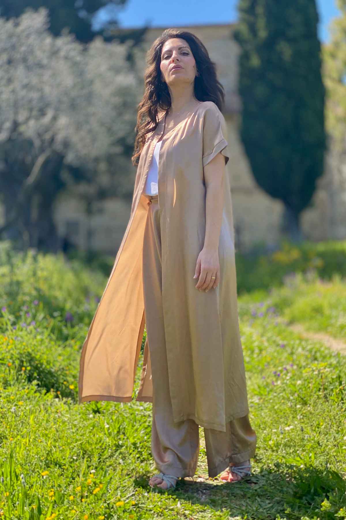 Cardigan kimono Petra seacell lyocell cupro brand malia lab abbigliamento sartoriale etico laterale
