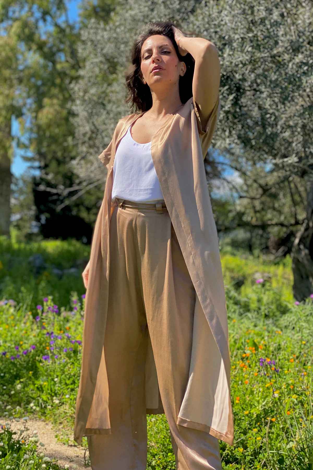 Cardigan kimono Petra seacell lyocell cupro brand malia lab abbigliamento sartoriale vista frontale
