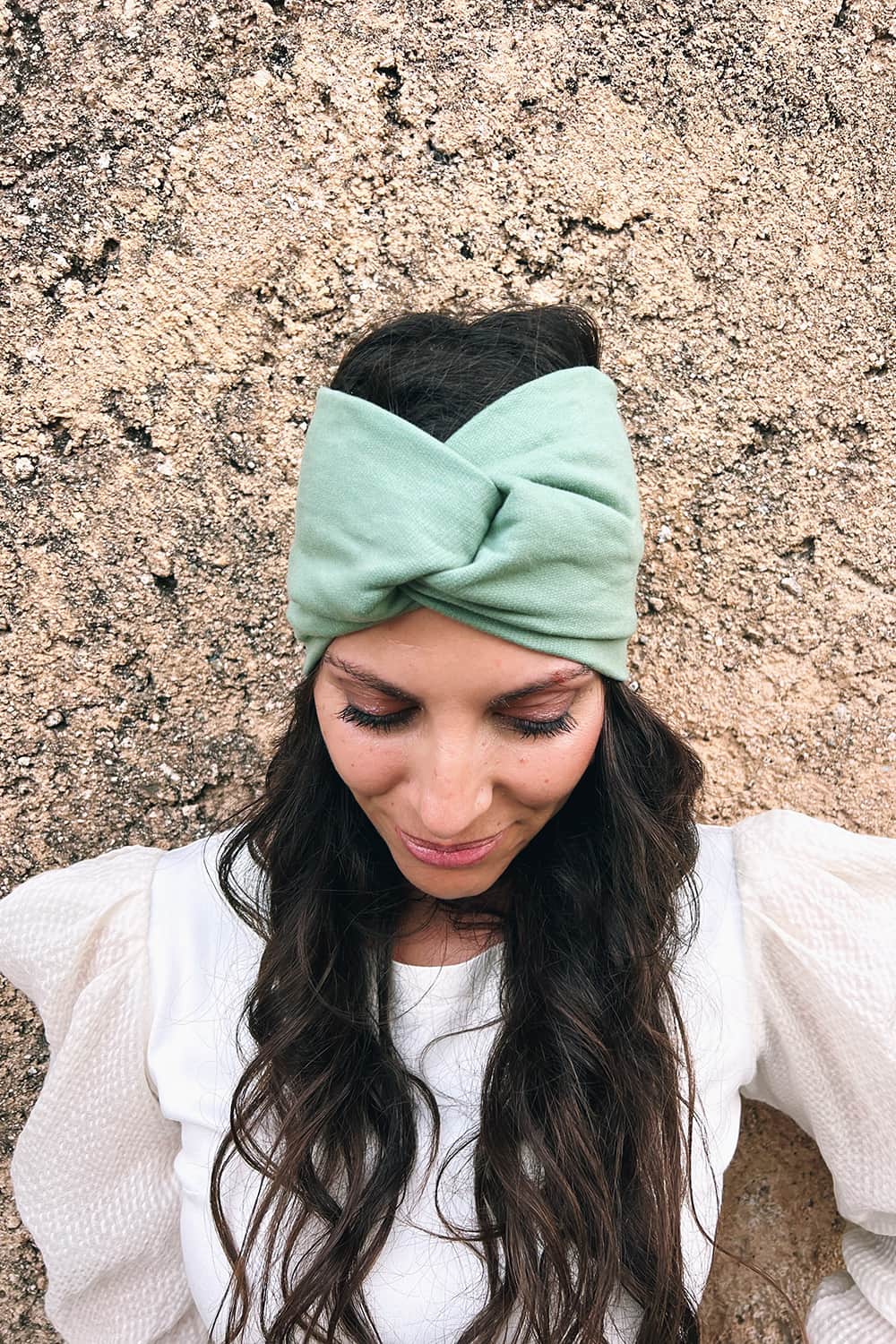  Fascia incrociata Mara accessori di moda sostenibili verde caldo cotone felpato biologico atelier moda sostenibile abbigliamento etico