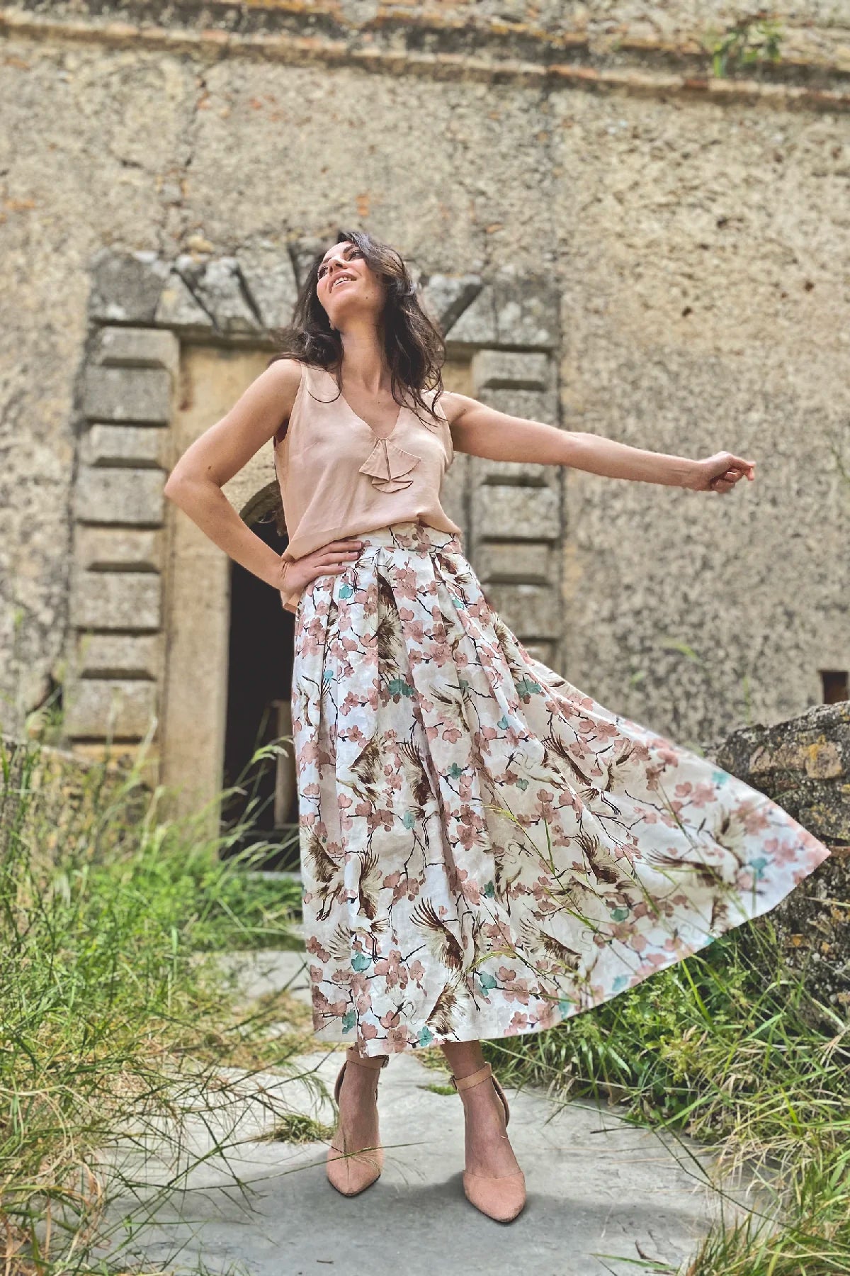 Gonna Ester lino stampato abbigliamento sartoriale sostenibile brand malia lab vista frontale
