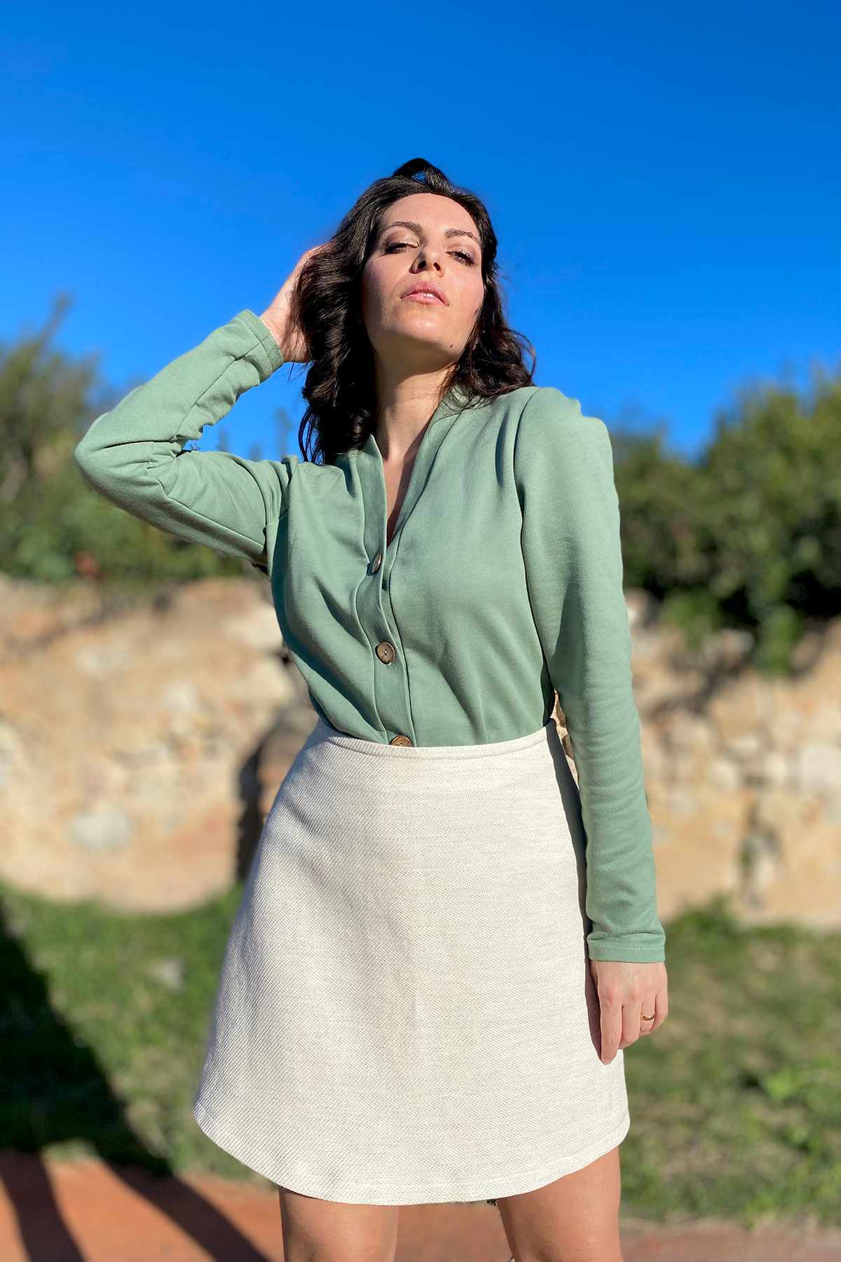 Gonna PRAGA canapa lana cotone lino tessuto 4 stagioni abbigliamento sostenibile sartoriale moda responsabile brand malia lab
