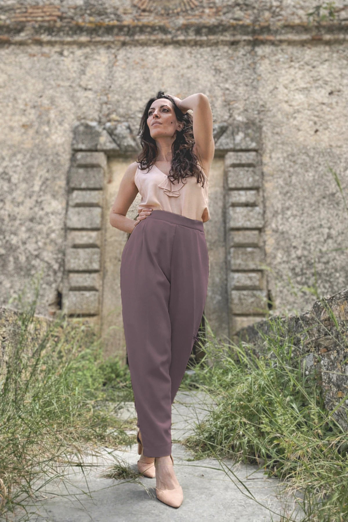 Pantalone Ada cotone deadstock abbigliamento sartoriale etico brand malia lab malva
