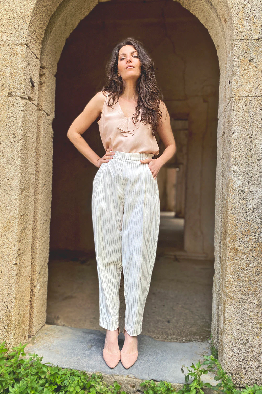 Pantalone Ada lyocell seacell gessato bianco abbigliamento etico sostenibile brand artigianale malia lab
