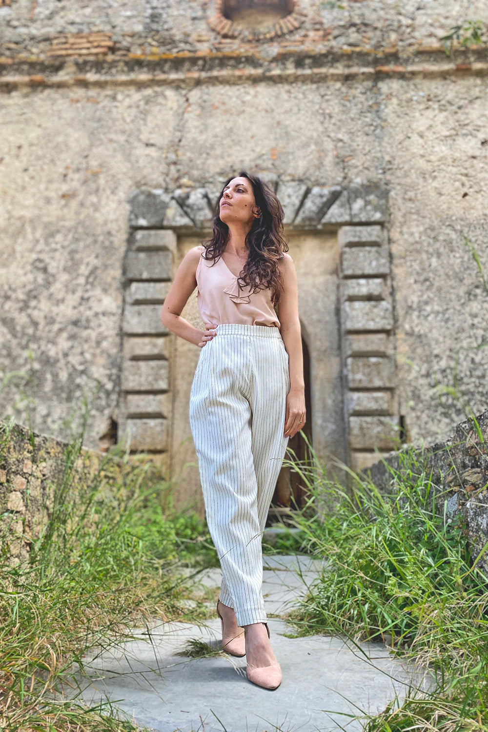 Pantalone Ada lyocell seacell gessato bianco abbigliamento sartoriale sostenibile brand malia lab
