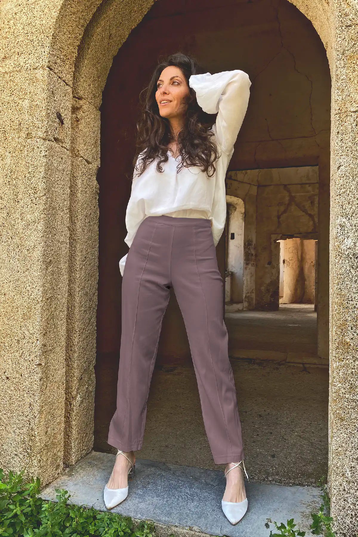 Pantalone Chiara bamboo abbigliamento sartoriale etico brand malia lab malva
