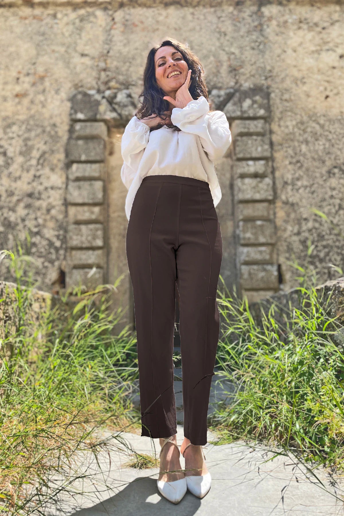 Pantalone Chiara bamboo ecologico abbigliamento sartoriale sostenibile brand etico malia lab vista cacao
