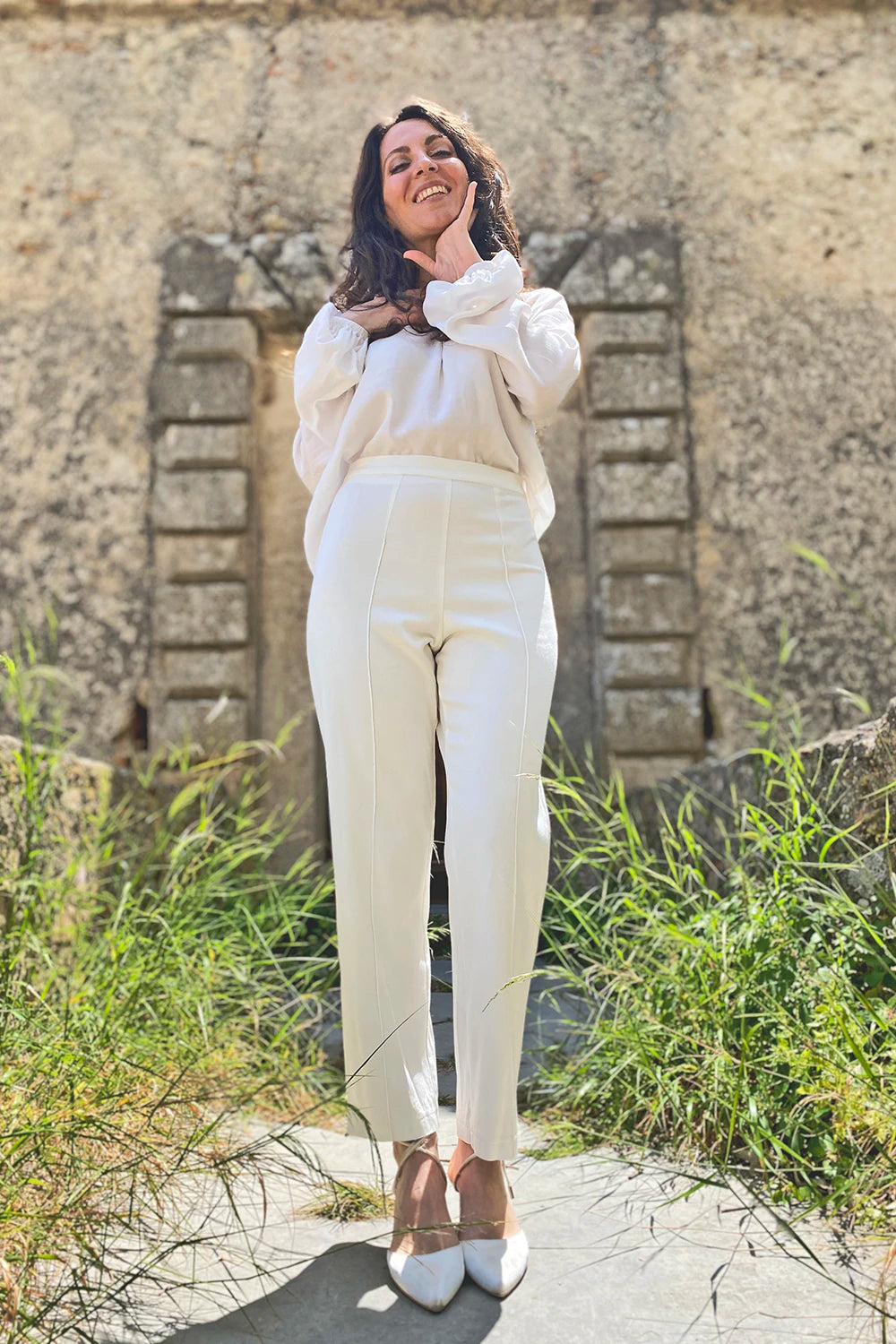 Pantalone Chiara bamboo ecologico abbigliamento sartoriale sostenibile brand etico malia lab vista frontale
