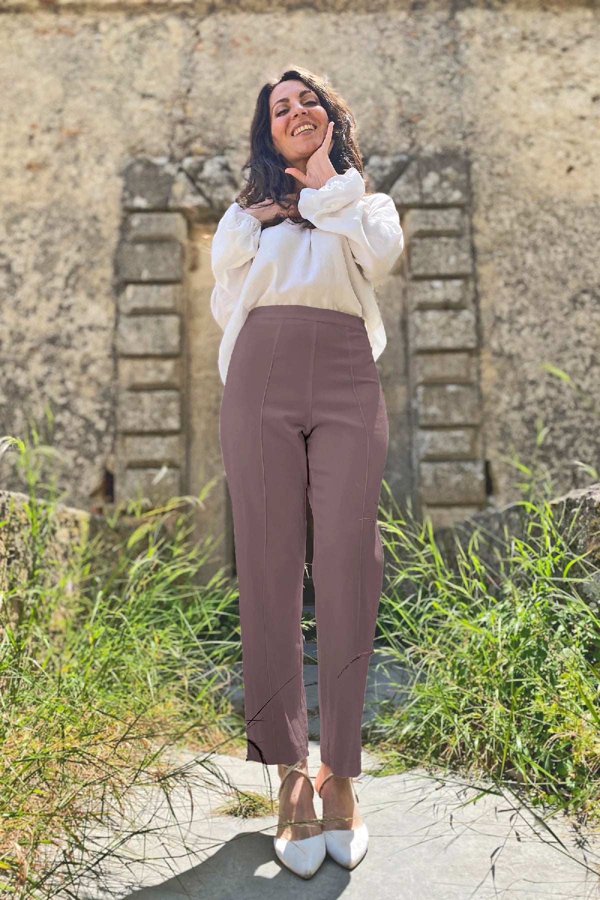 Pantalone Chiara bamboo ecologico abbigliamento sartoriale sostenibile brand etico malia lab vista malva
