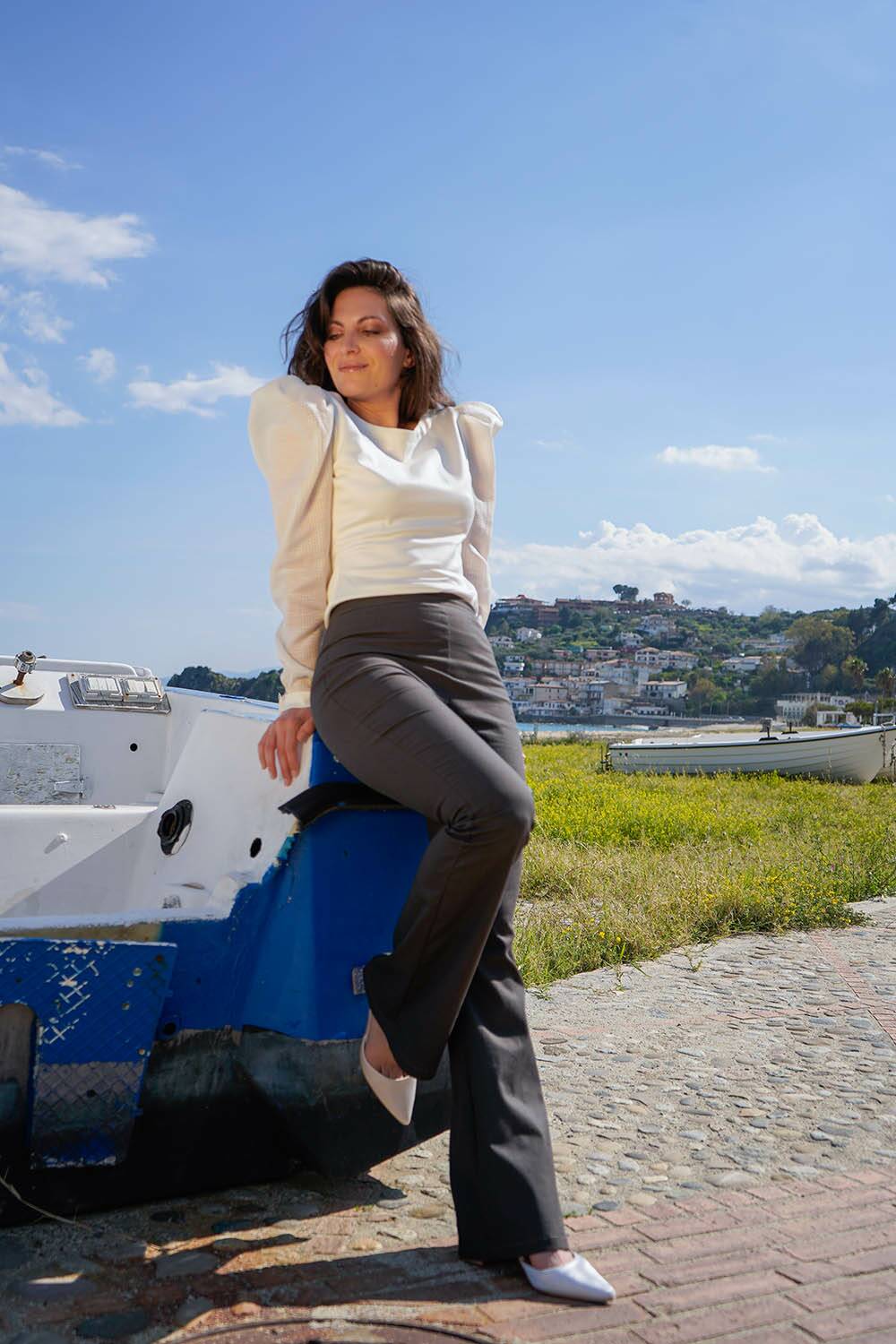 Pantalone in cotone biologico ossido di rame elegante comodo moda etica artigianale brand malia lab abbigliamento sostenibile biologico vestiti ecosostenibili donna fibre naturali