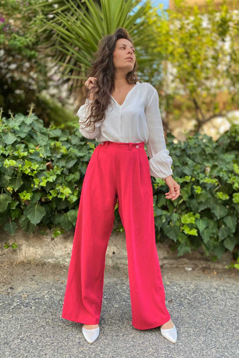 Pantalone Gabriela tencel lyocell abbigliamento sostenibile brand malia lab vestiti ecosostenibili donna pantaloni sartoriali lampone
