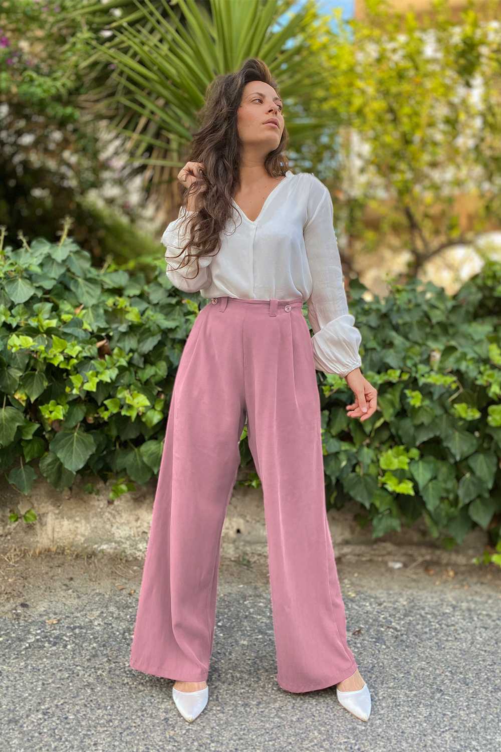 Pantalone Gabriela tencel lyocell abbigliamento sostenibile brand malia lab vestiti ecosostenibili donna pantaloni sartoriali rosa antico chiaro