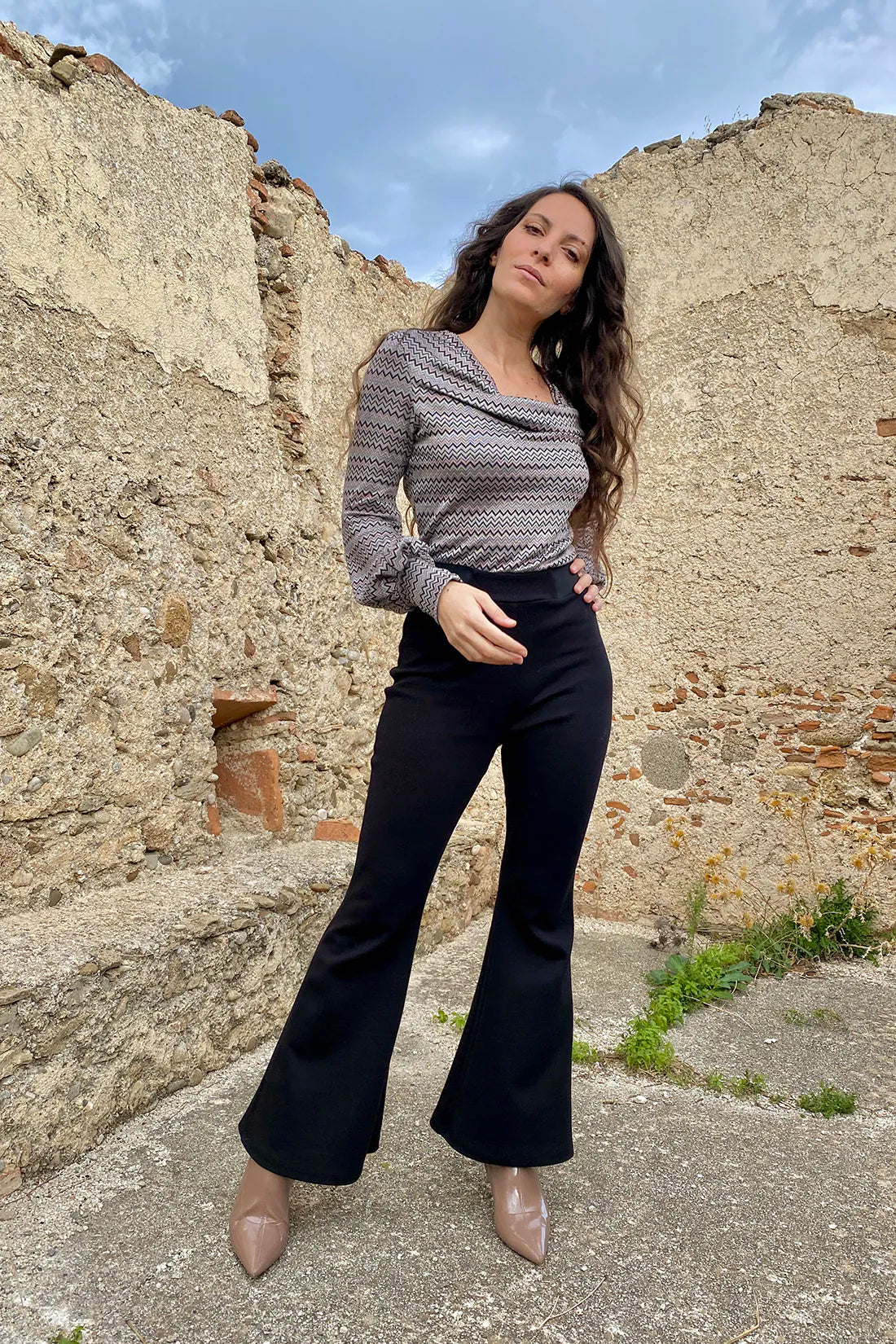 Pantalone zampa Slimfit cotone biologico felpato abbigliamento donna  sartoriale sostenibile malia lab
