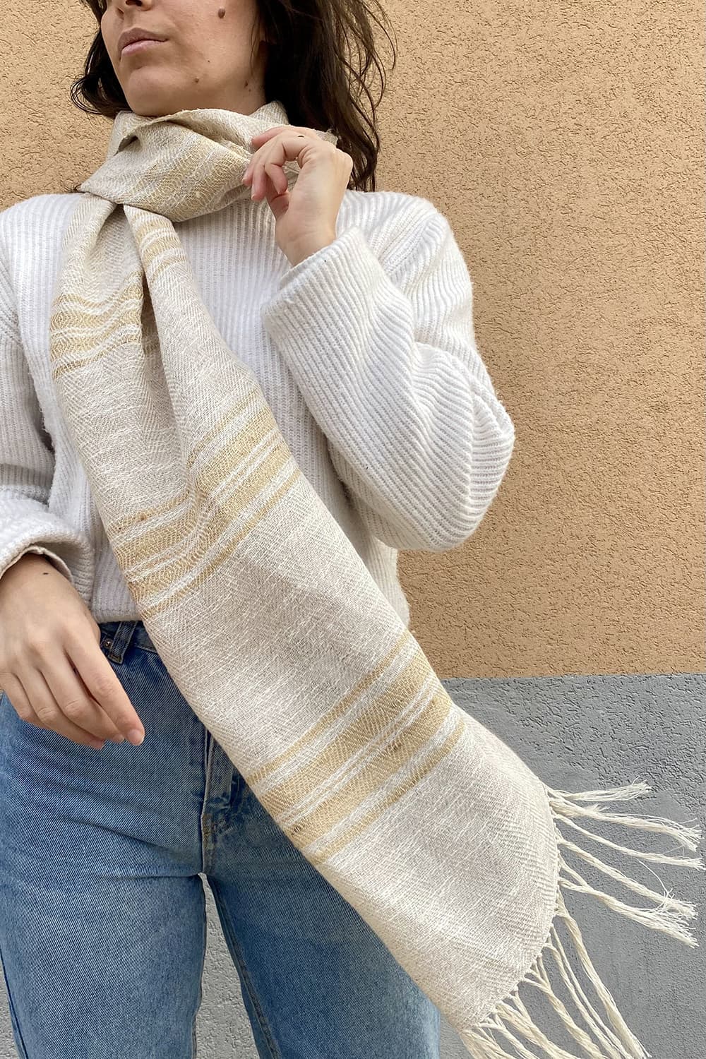 Sciarpa SELIA unisex seta lino lavorazione a strisce ampio atelier moda sostenibile abbigliamento etico 