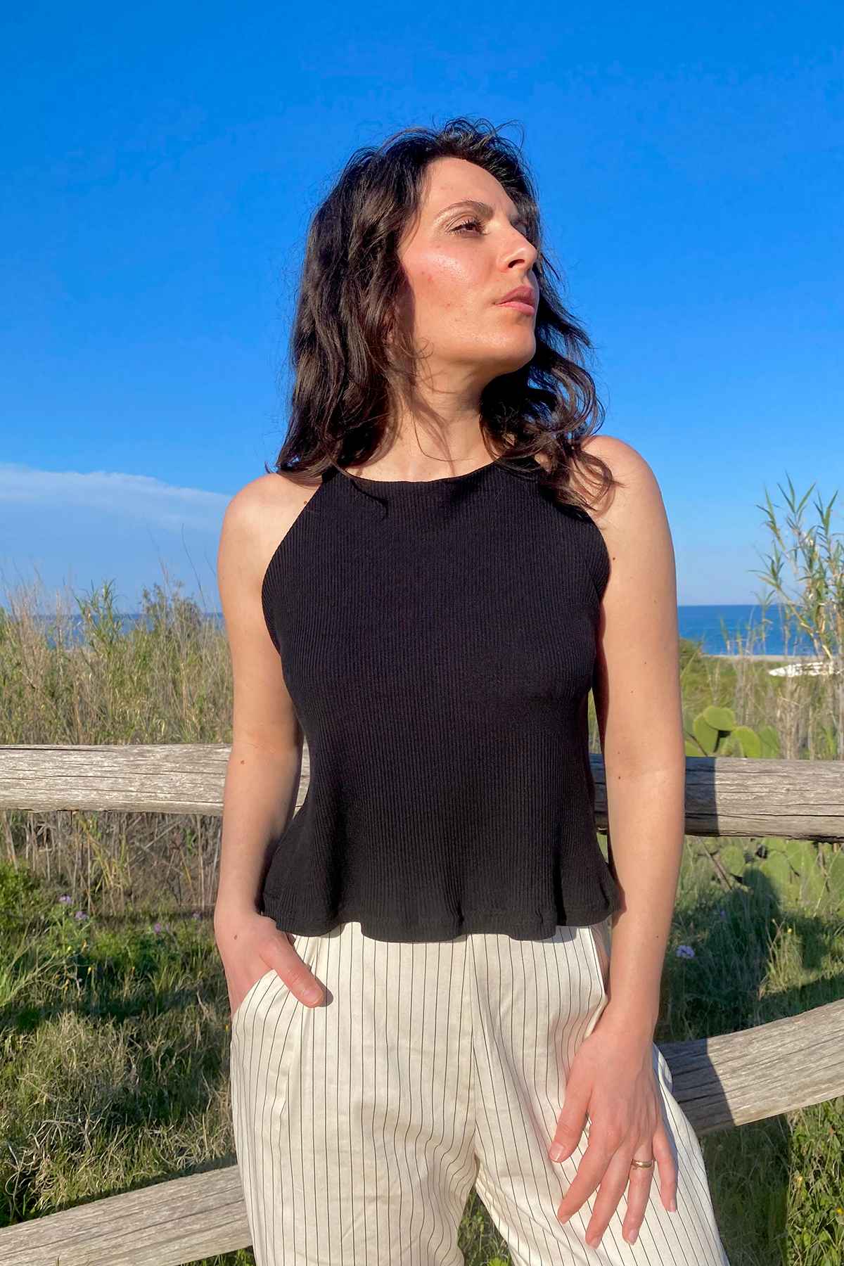 Top Alba Pantalone Ada seacell lyocell costina brand malia lab abbigliamento sartoriale sostenibile dettaglio
