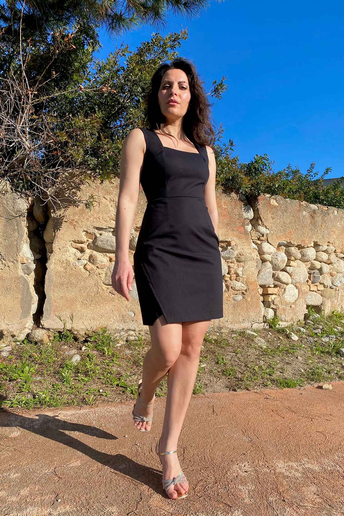 Tubino Charlize cotone brand malia lab abbigliamento sartoriale sostenibile con spacco
