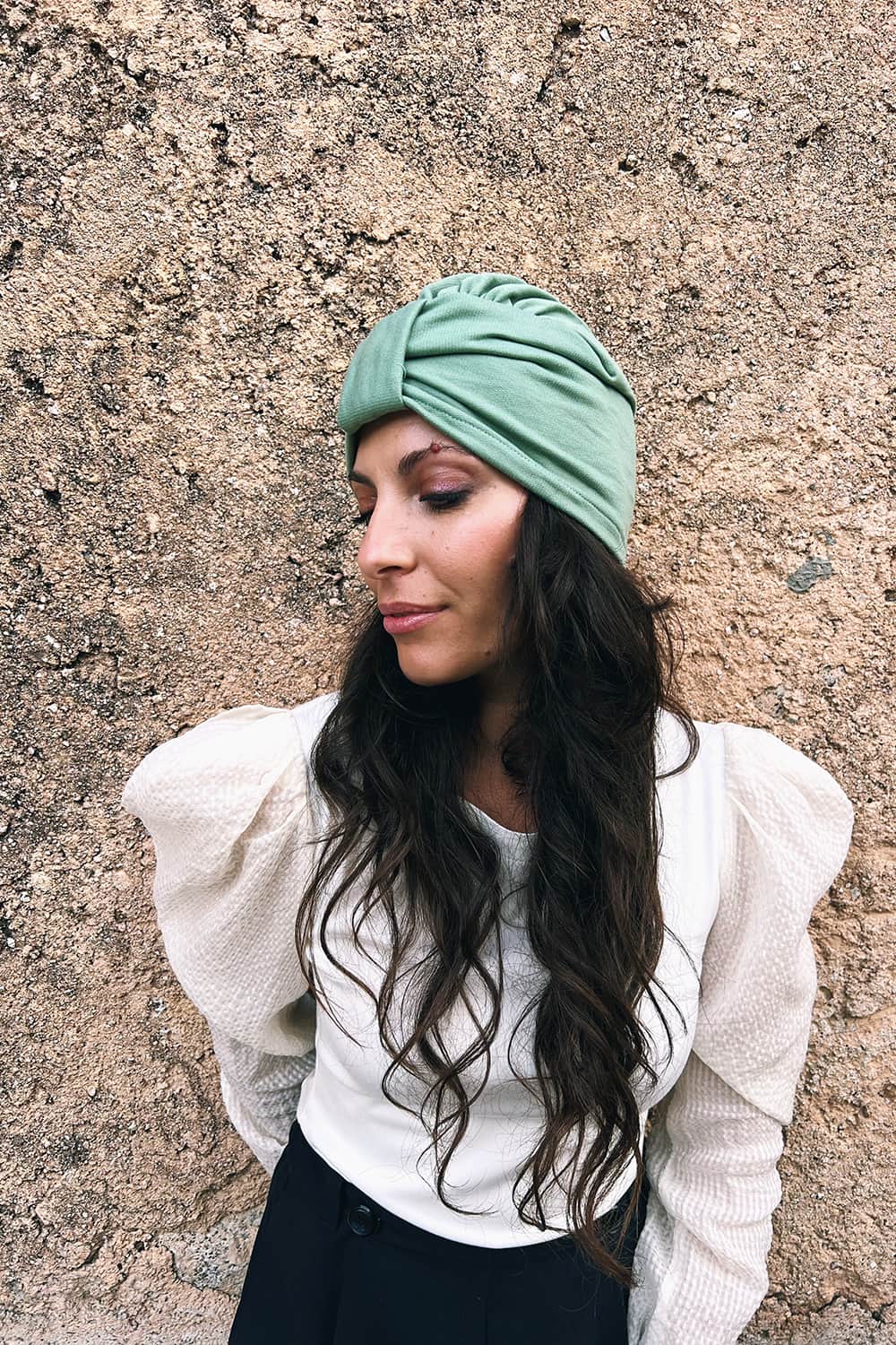 Turbante BEA verde caldo cotone felpato biologico atelier moda sostenibile abbigliamento etico artigianale 23 euro cappelli