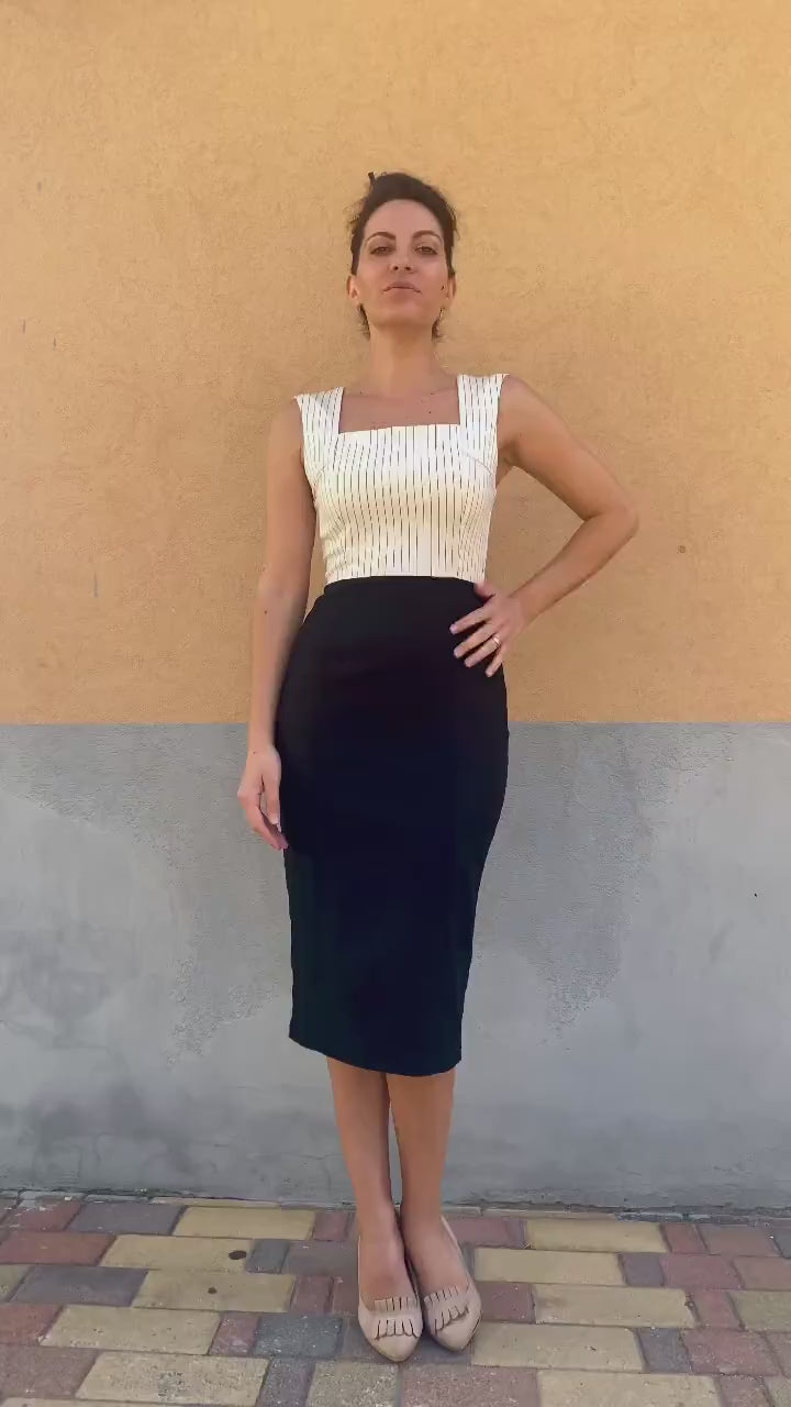 Flavia Amato indossa Tubino Clarissa lyocell bamboo brand malia lab atelier moda etica sostenibile artigianale tessuti sostenibili vestiti ecosostenibili donna abiti sartoriali
